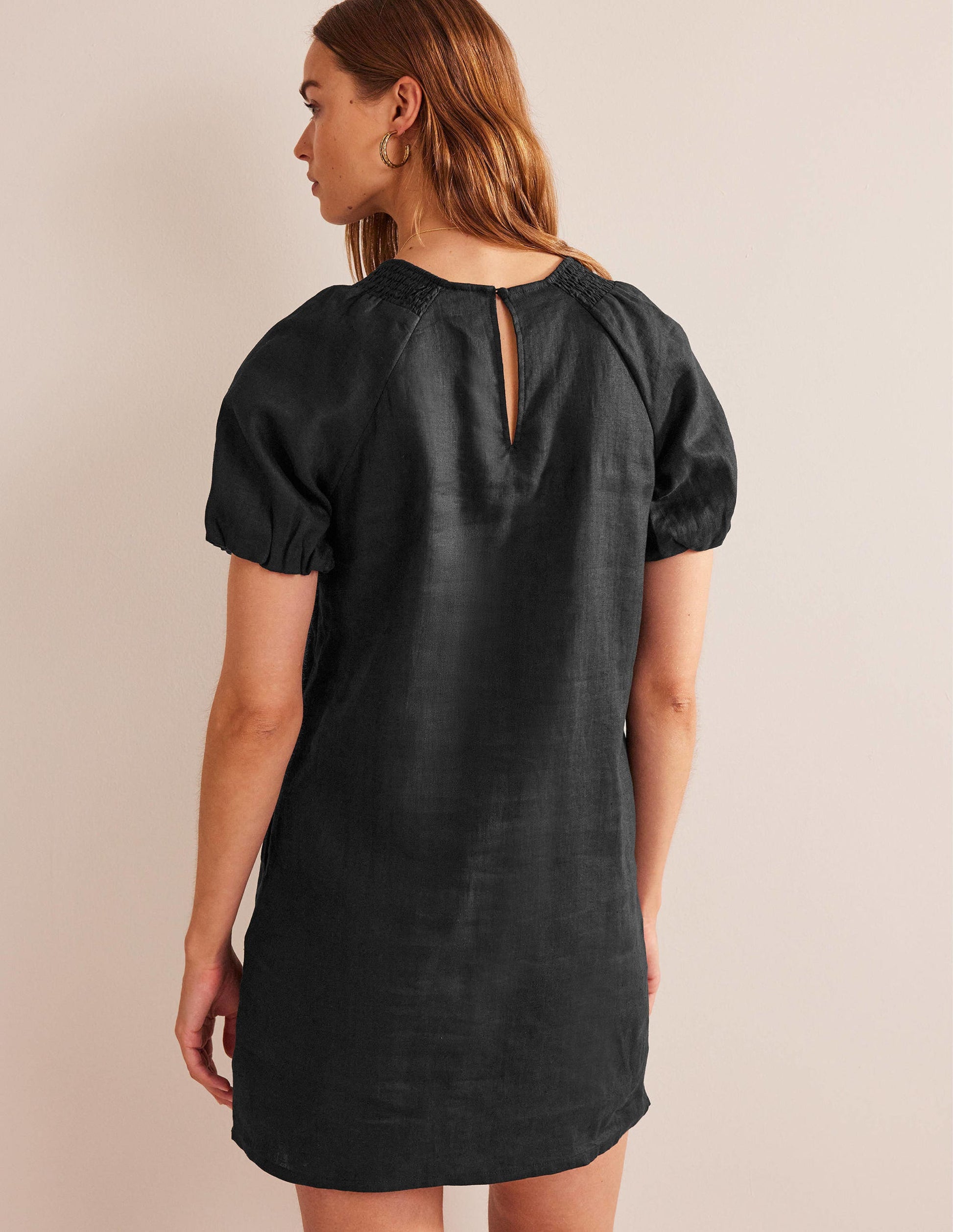 Sleeve Detail Linen Mini Dress-Black-3