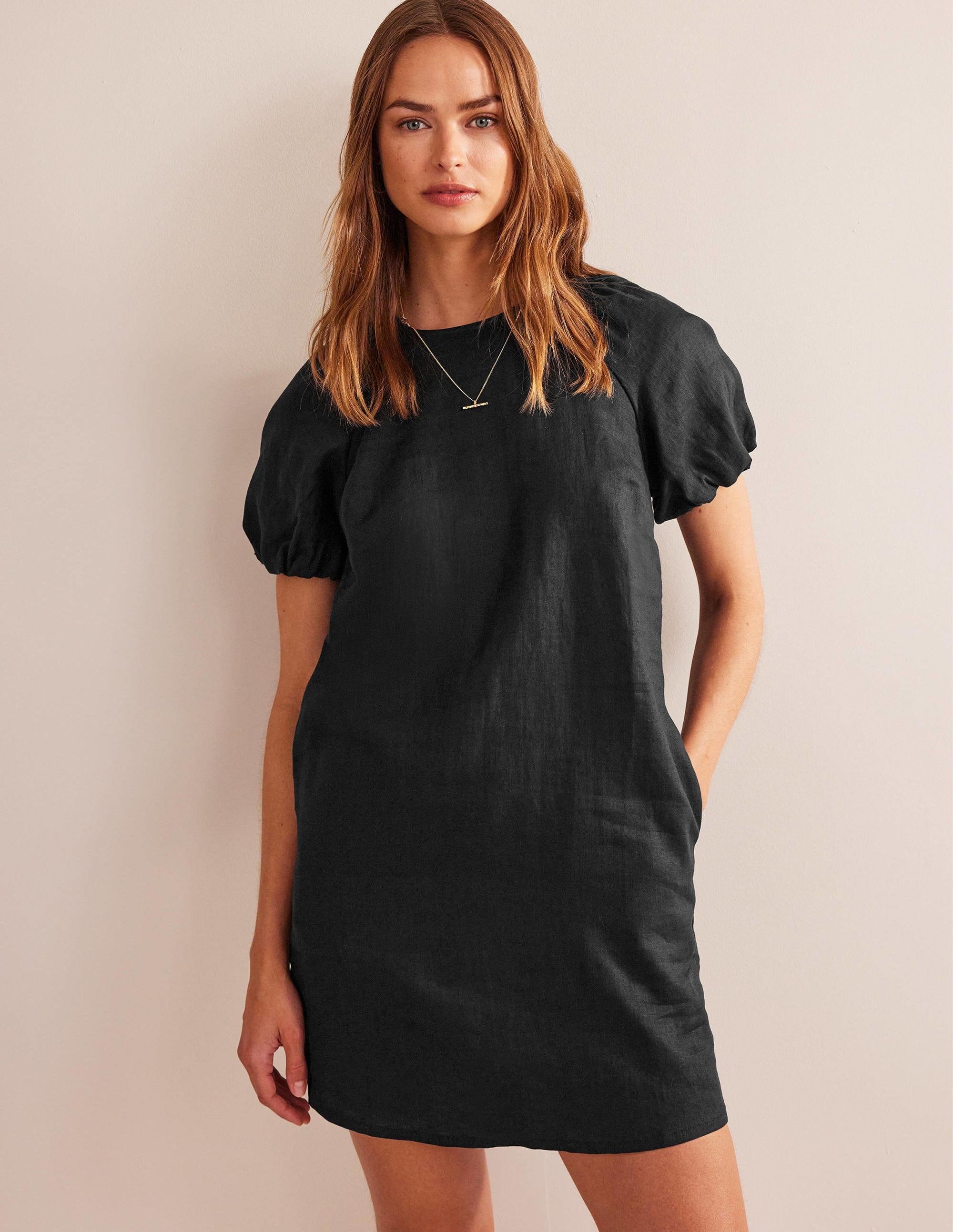 Sleeve Detail Linen Mini Dress-Black - Image 4