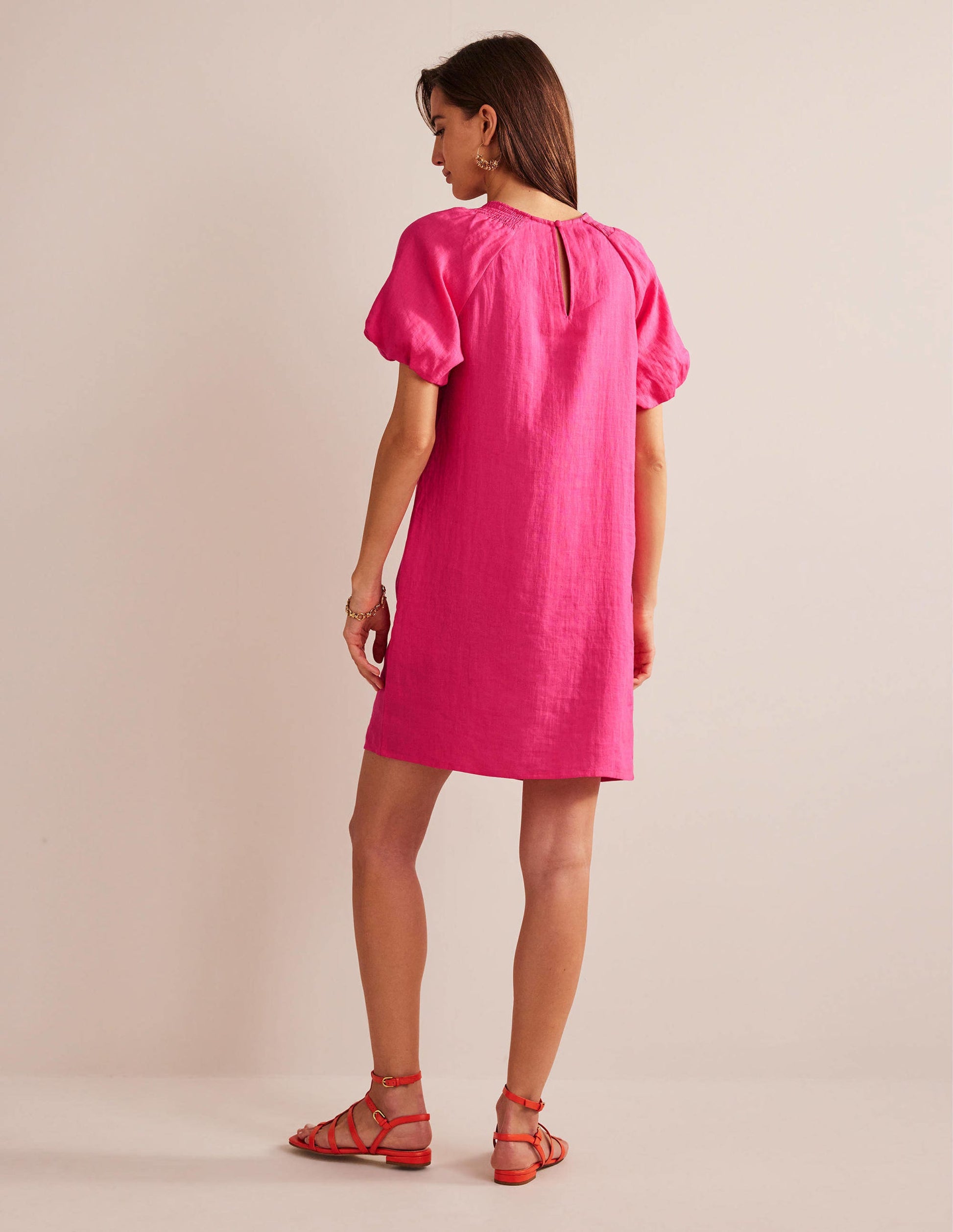 Sleeve Detail Linen Mini Dress-Festival Pink-3
