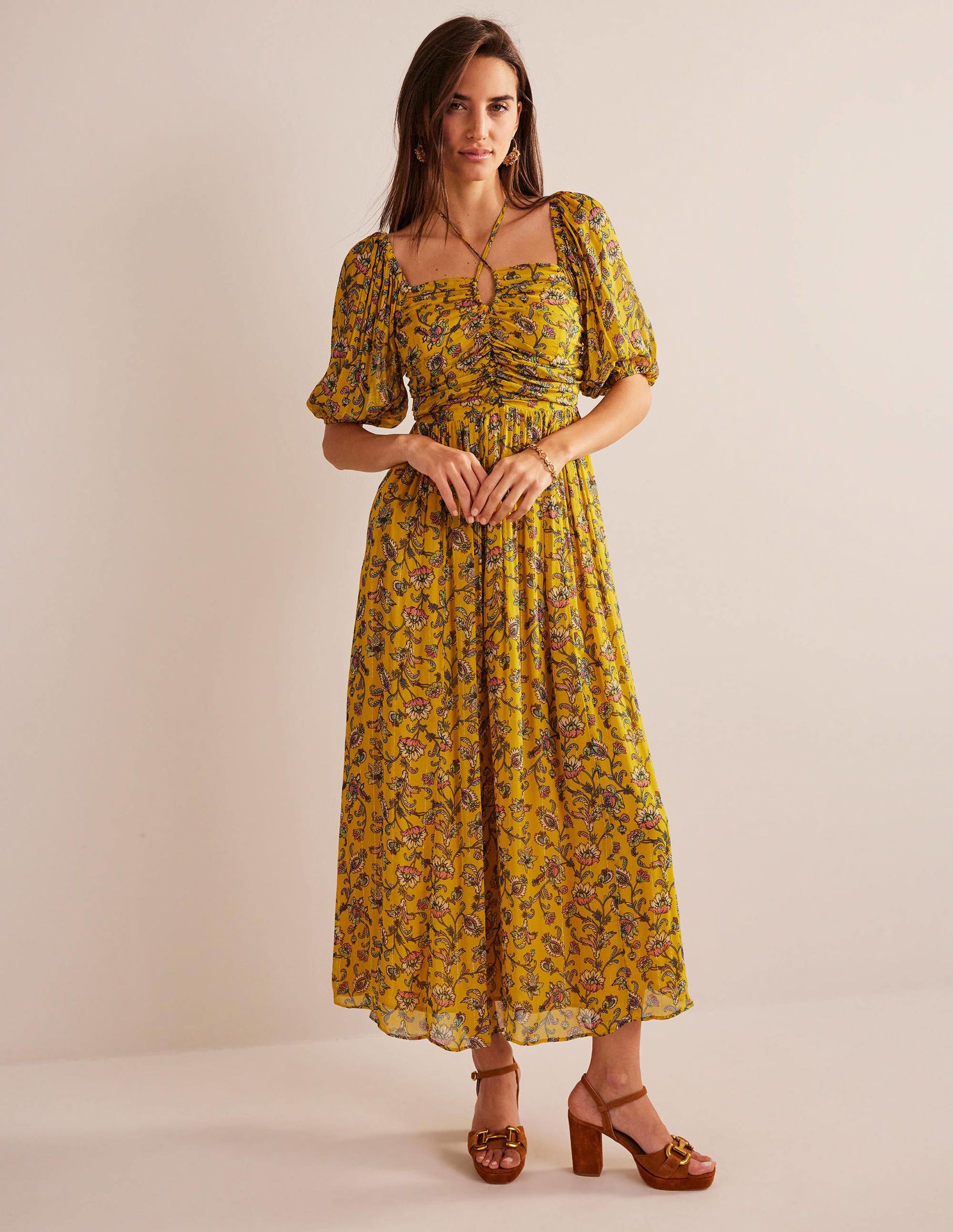 Halterneck Detail Maxi Dress-Mustard Seed, Meadow Fall - Image 1