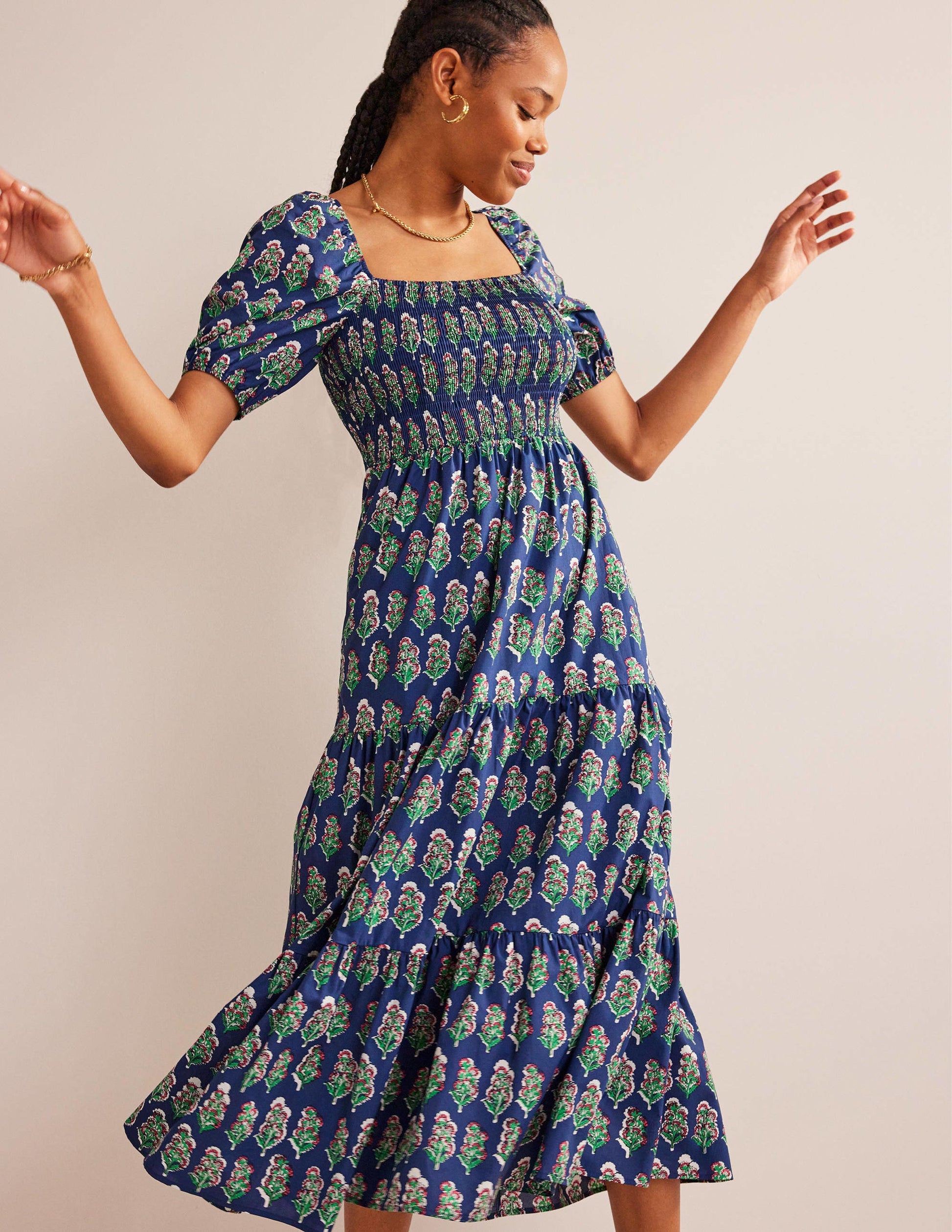 Smocked Bodice Maxi Dress-French Navy, Artisan Bloom-1