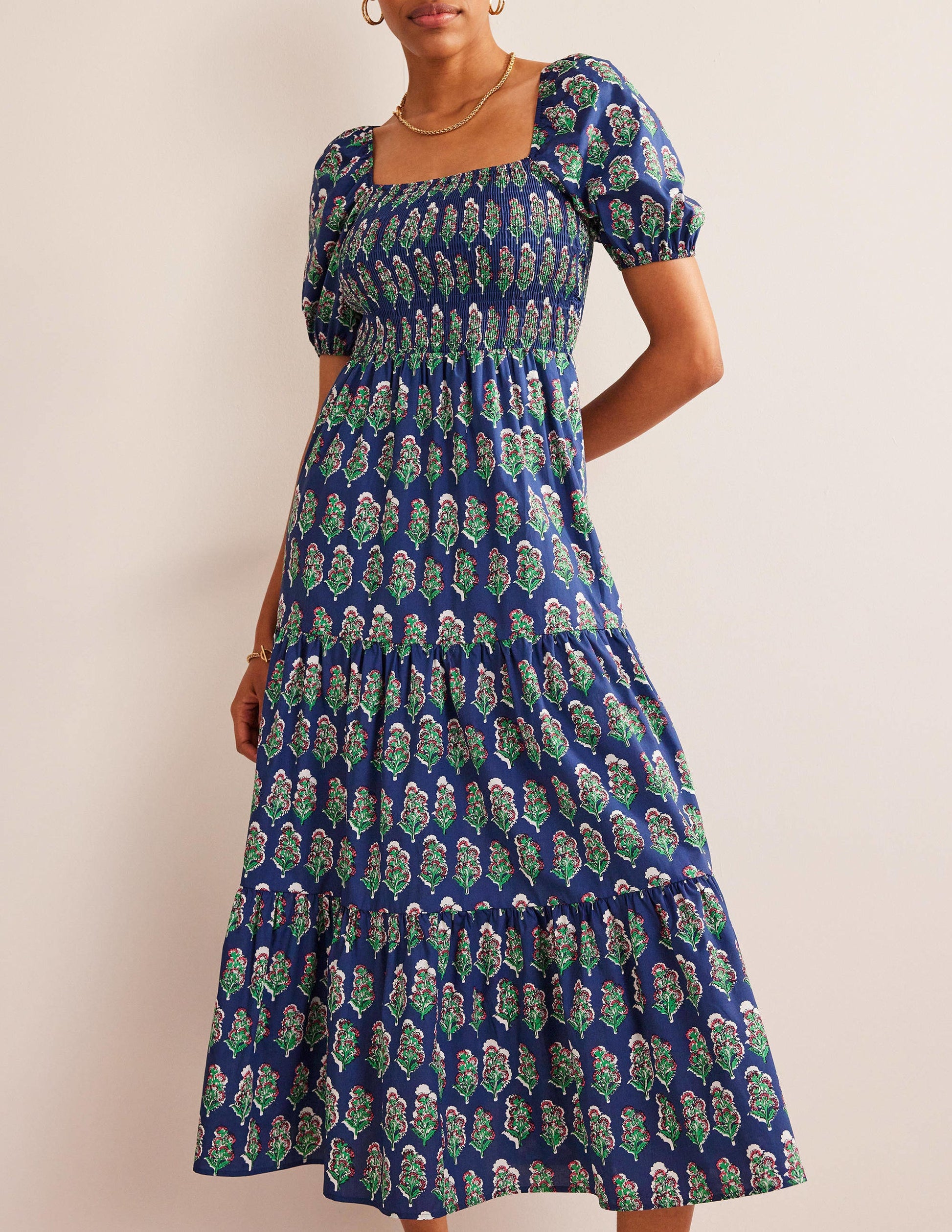 Smocked Bodice Maxi Dress-French Navy, Artisan Bloom-2