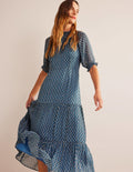Tie-Neck Tiered Maxi Dress-Blue, Paisley Stem
