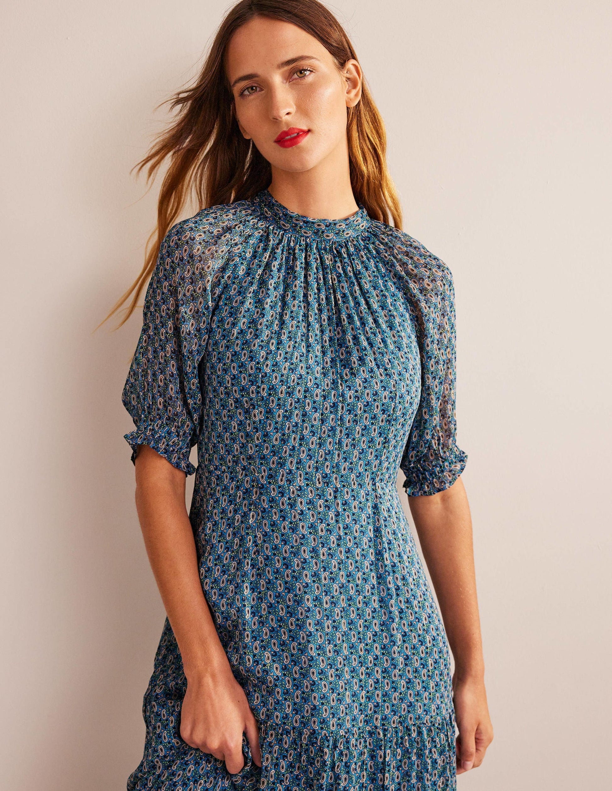 Tie-Neck Tiered Maxi Dress-Blue, Paisley Stem-2