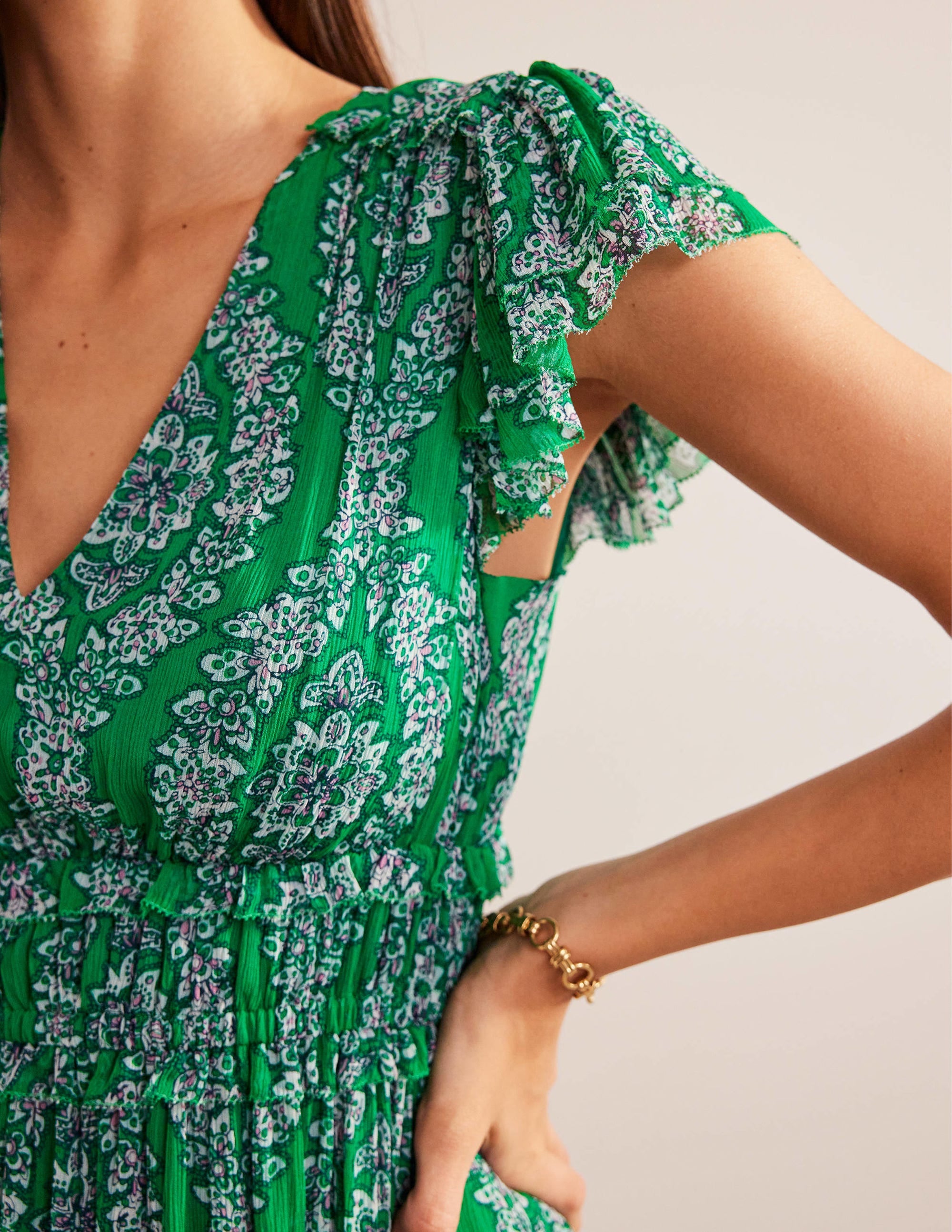 Gathered Waist Midi Dress-Rich Emerald, Botanic Wreath - Image 2