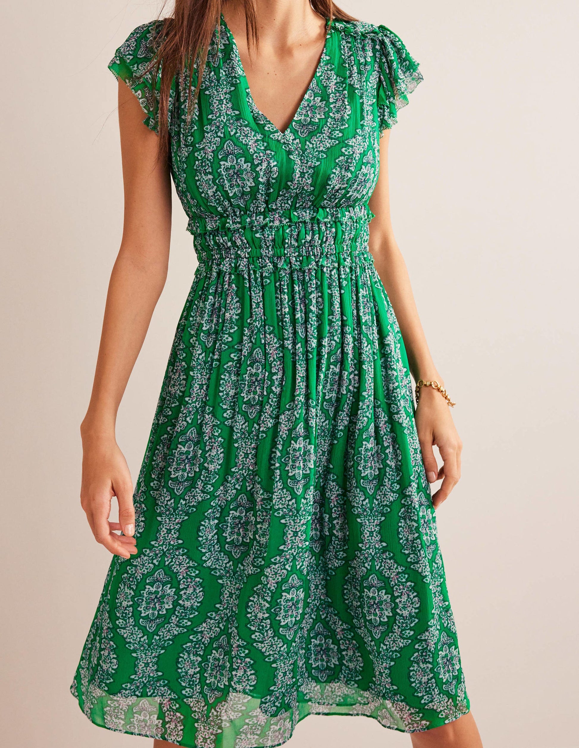 Gathered Waist Midi Dress-Rich Emerald, Botanic Wreath-4