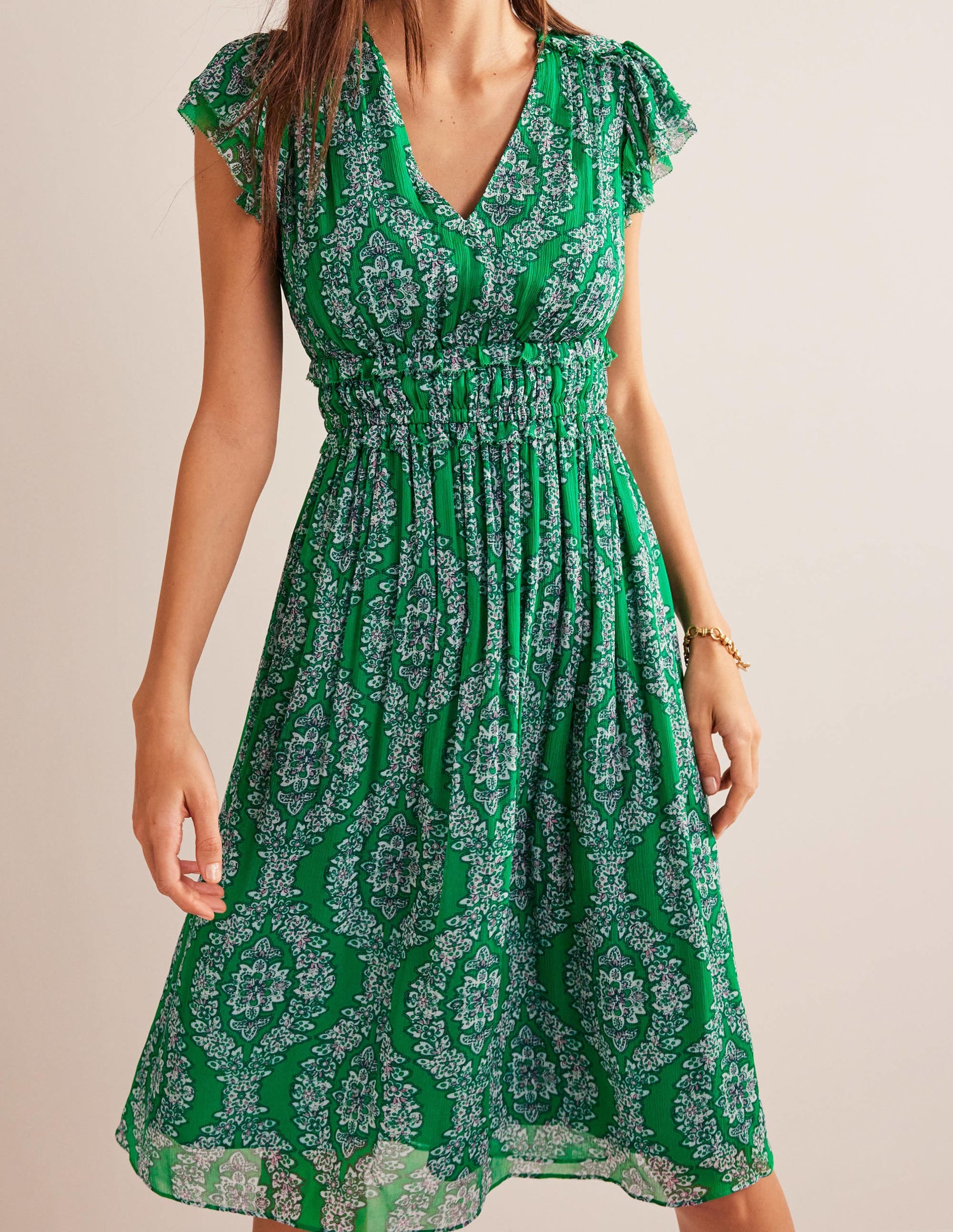 Gathered Waist Midi Dress-Rich Emerald, Botanic Wreath - Image 4