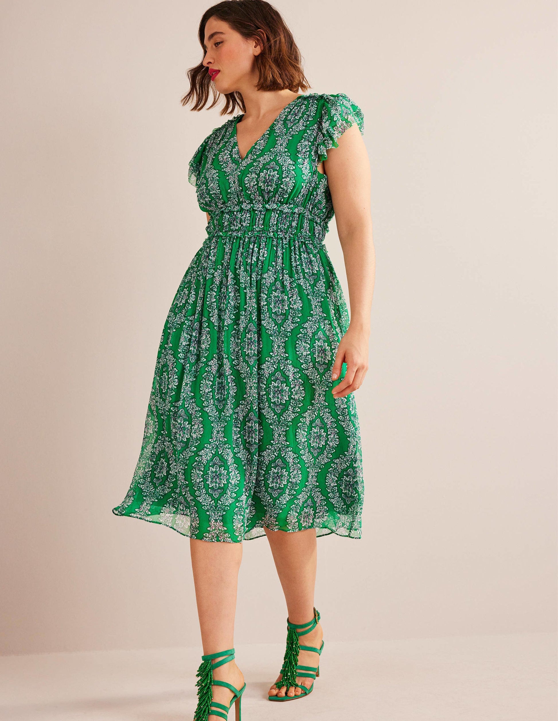Gathered Waist Midi Dress-Rich Emerald, Botanic Wreath-5