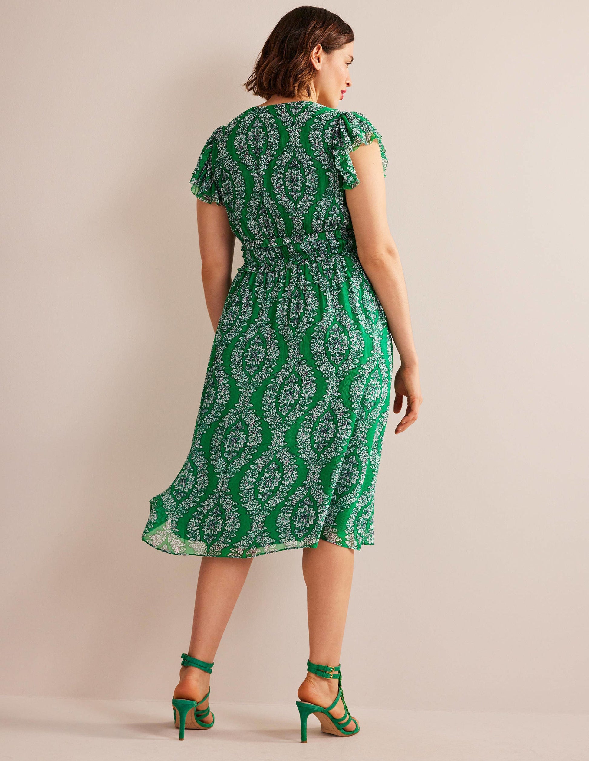 Gathered Waist Midi Dress-Rich Emerald, Botanic Wreath-6