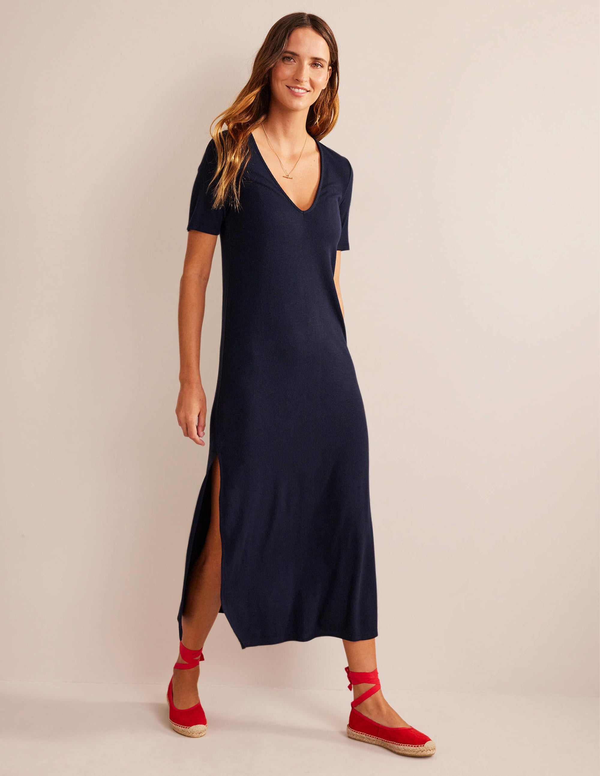 Rib Jersey Midi T-shirt Dress-Navy - Image 1