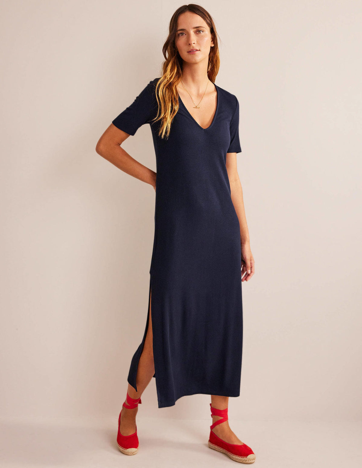 Rib Jersey Midi T-shirt Dress-Navy - Image 4