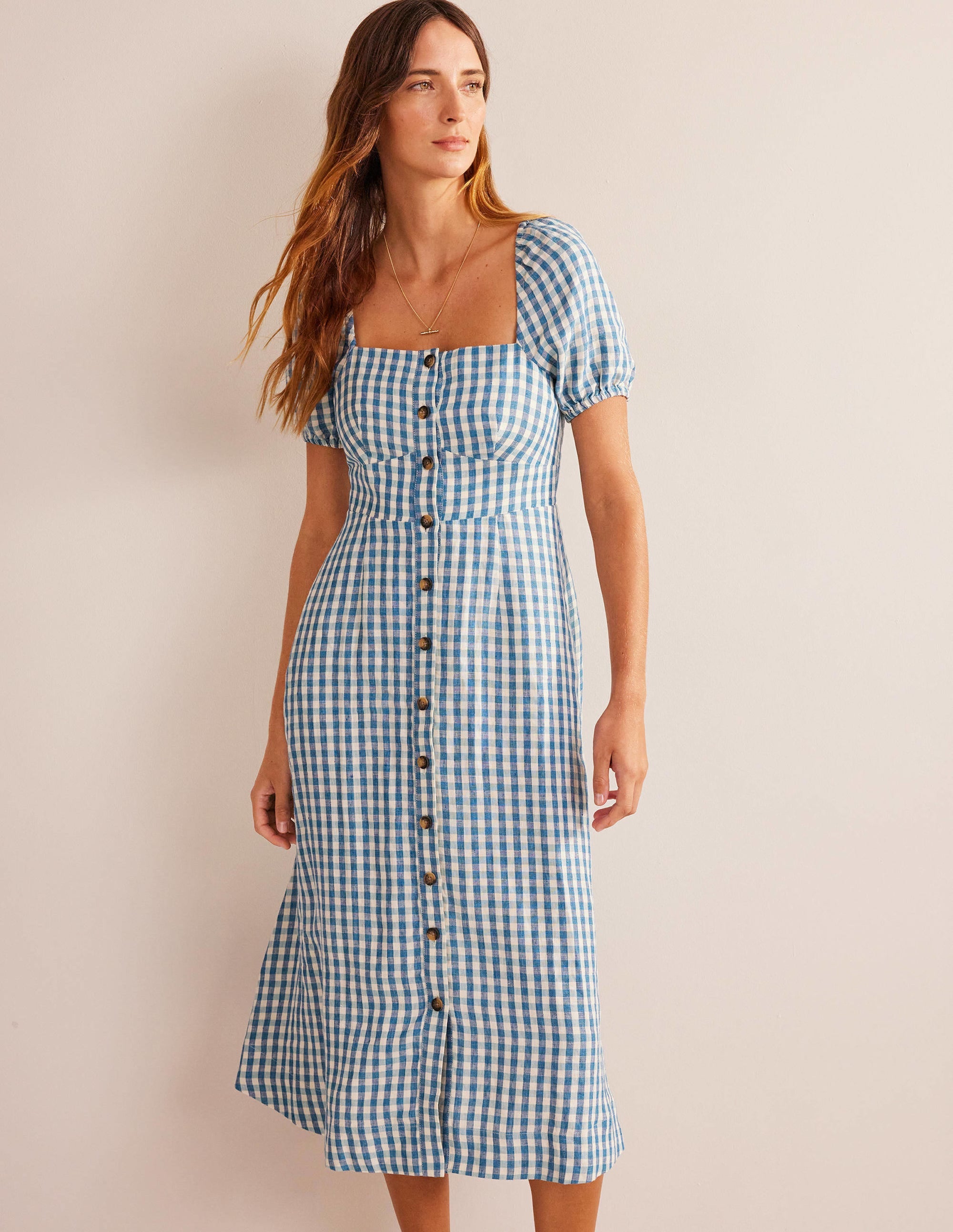 Square Neck Linen Midi Dress-Delphinium Blue, Gingham - Image 1