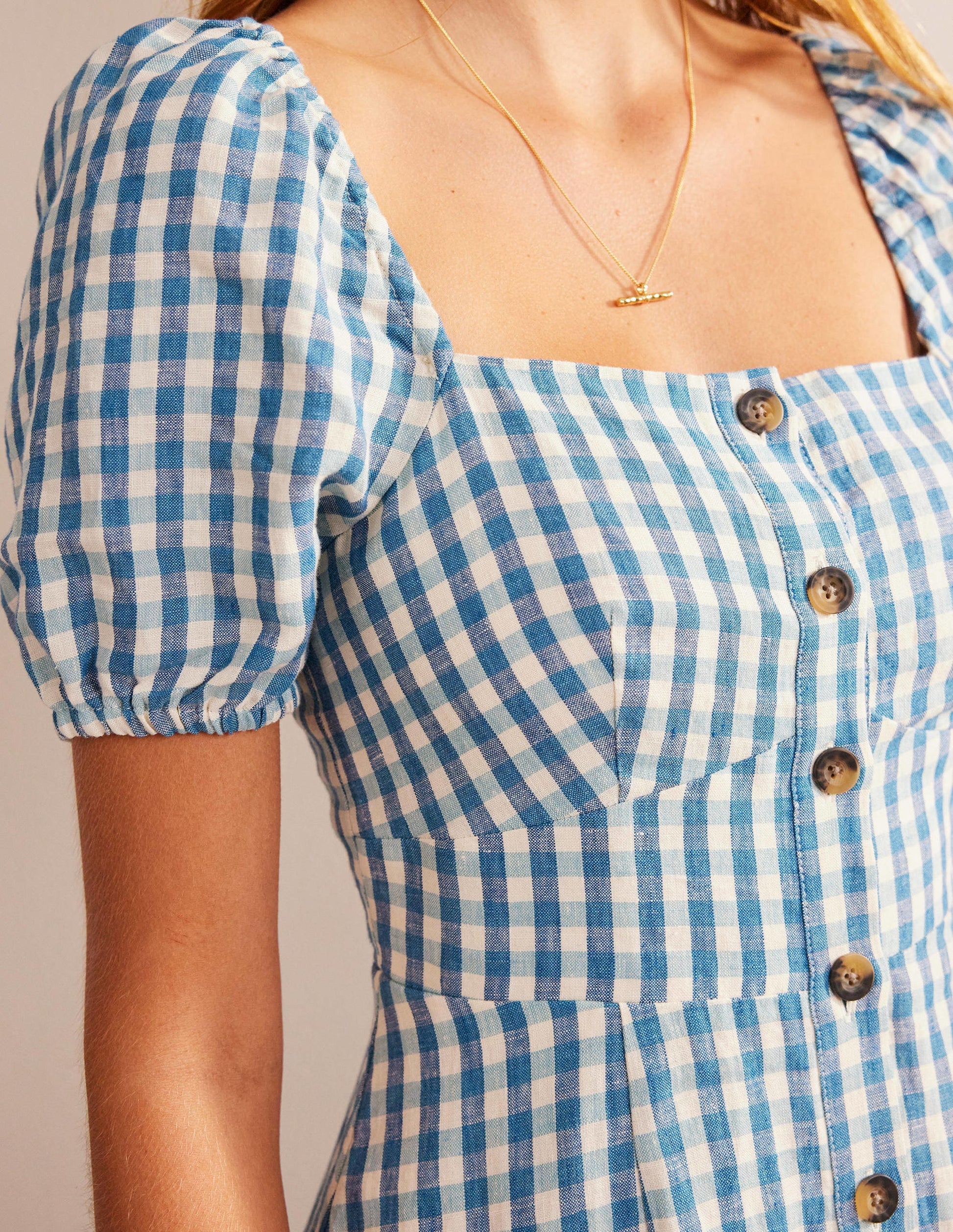 Square Neck Linen Midi Dress-Delphinium Blue, Gingham-2