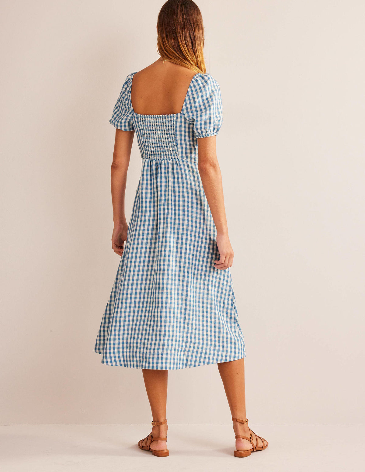 Square Neck Linen Midi Dress-Delphinium Blue, Gingham-3