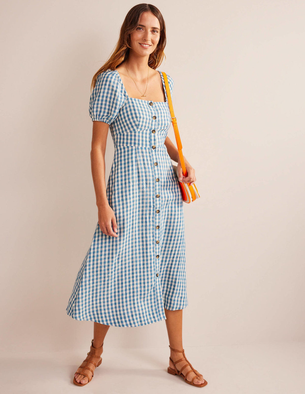Square Neck Linen Midi Dress-Delphinium Blue, Gingham - Image 4