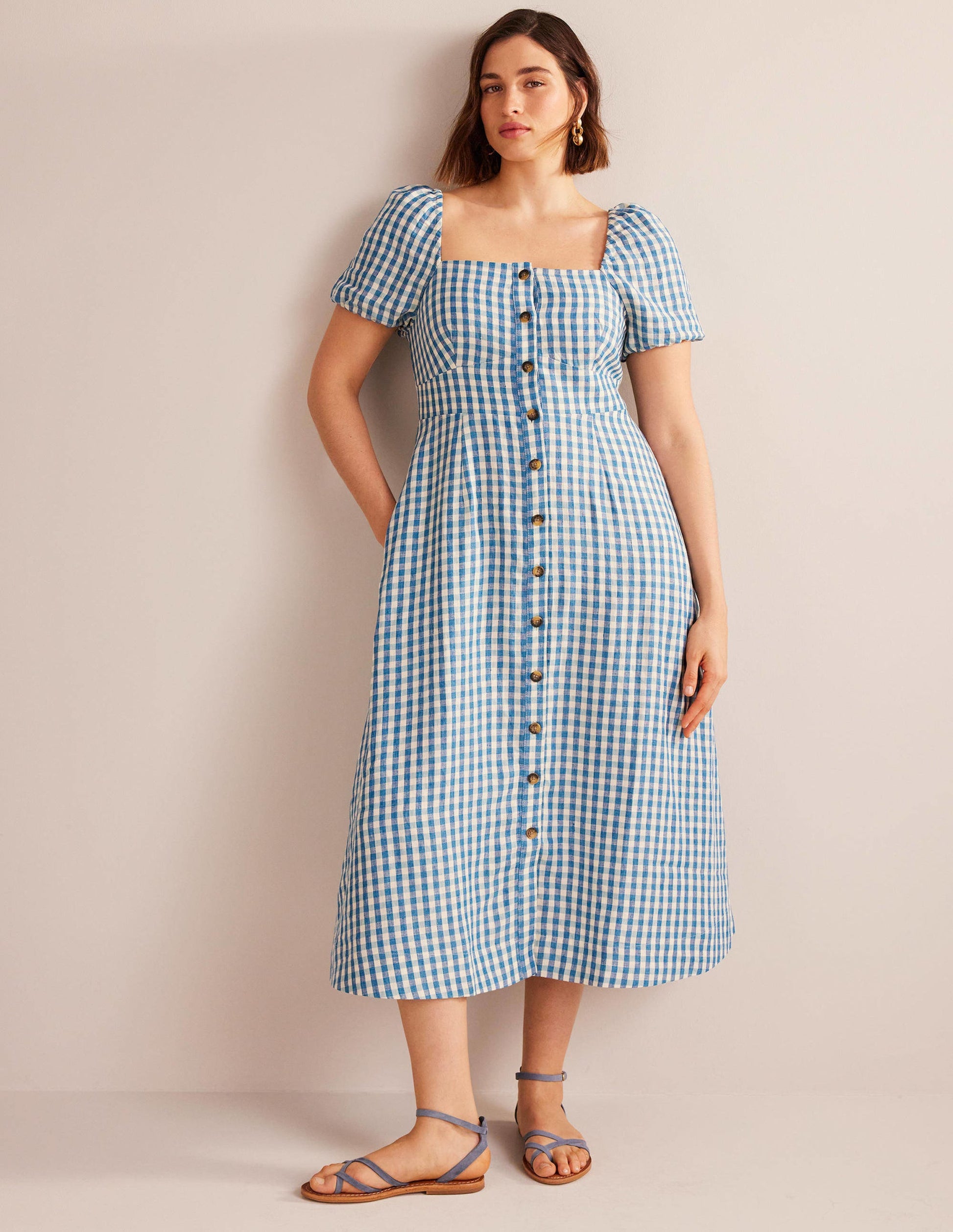 Square Neck Linen Midi Dress-Delphinium Blue, Gingham-5