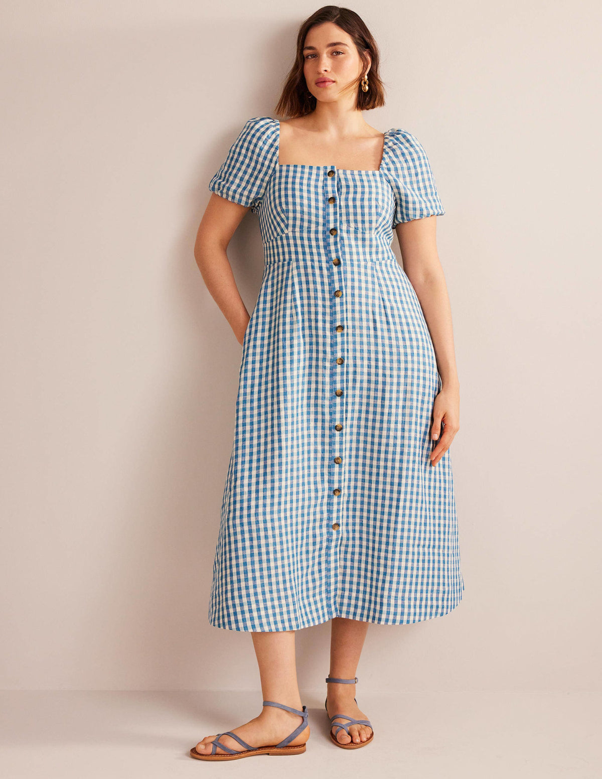 Square Neck Linen Midi Dress-Delphinium Blue, Gingham - Image 5