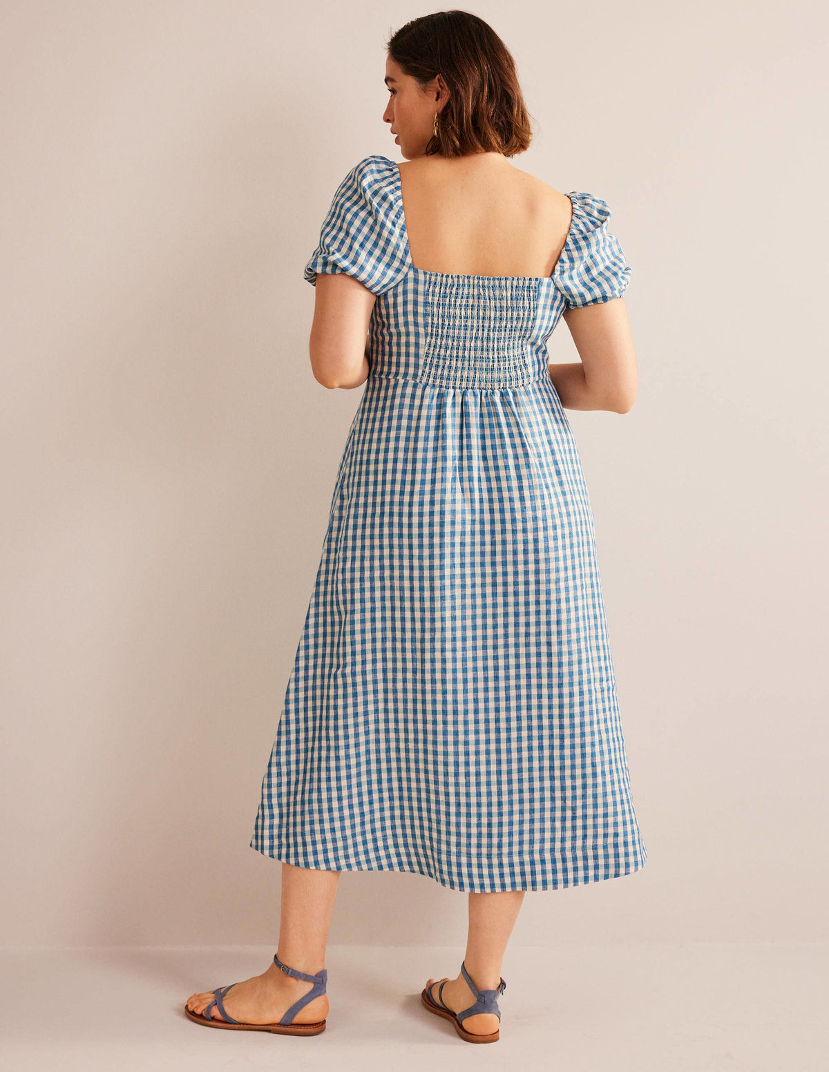 Square Neck Linen Midi Dress-Delphinium Blue, Gingham - Image 6