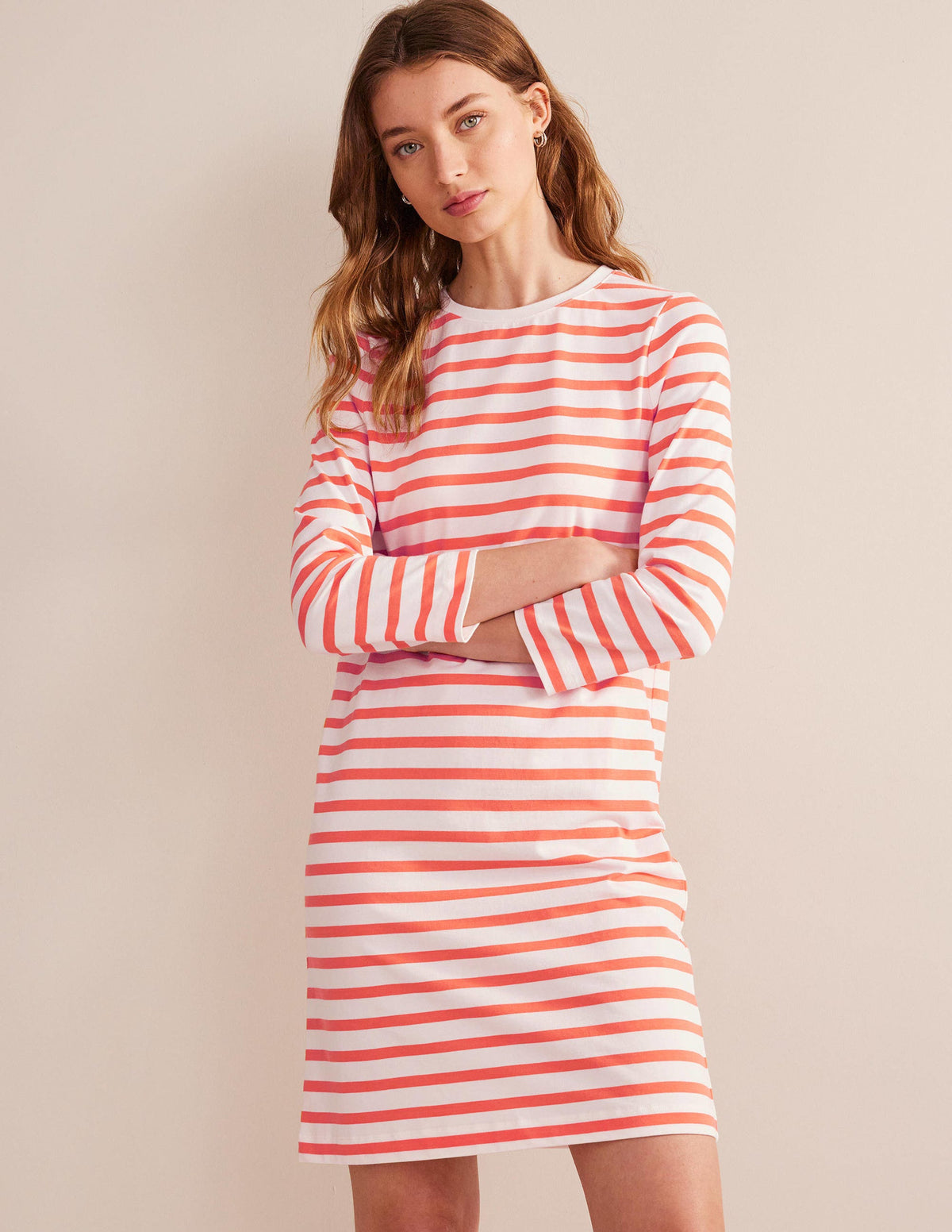 Jersey Mini T-Shirt Dress-Ivory and Persimmon Stripe - Image 1