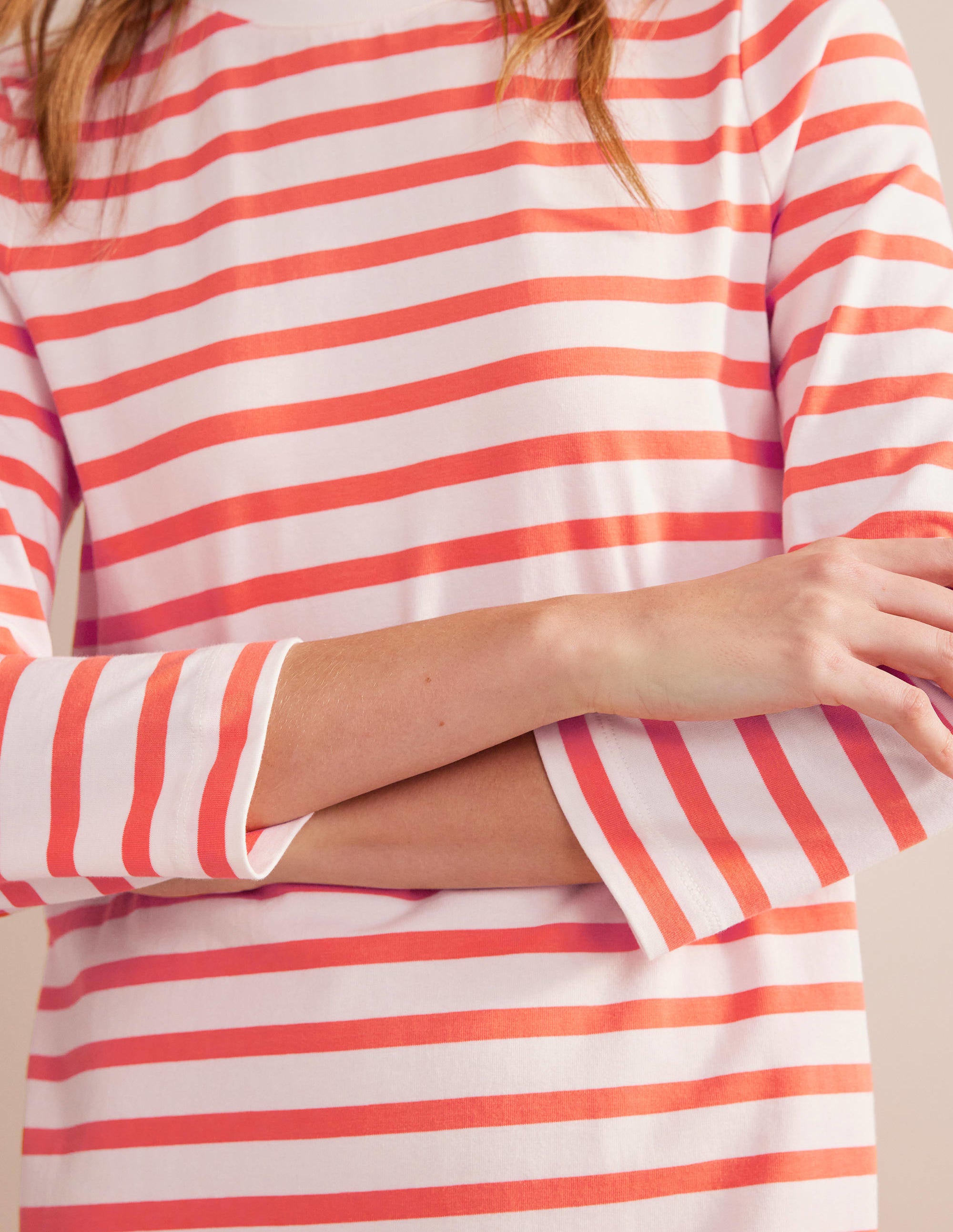 Jersey Mini T-Shirt Dress-Ivory and Persimmon Stripe - Image 2