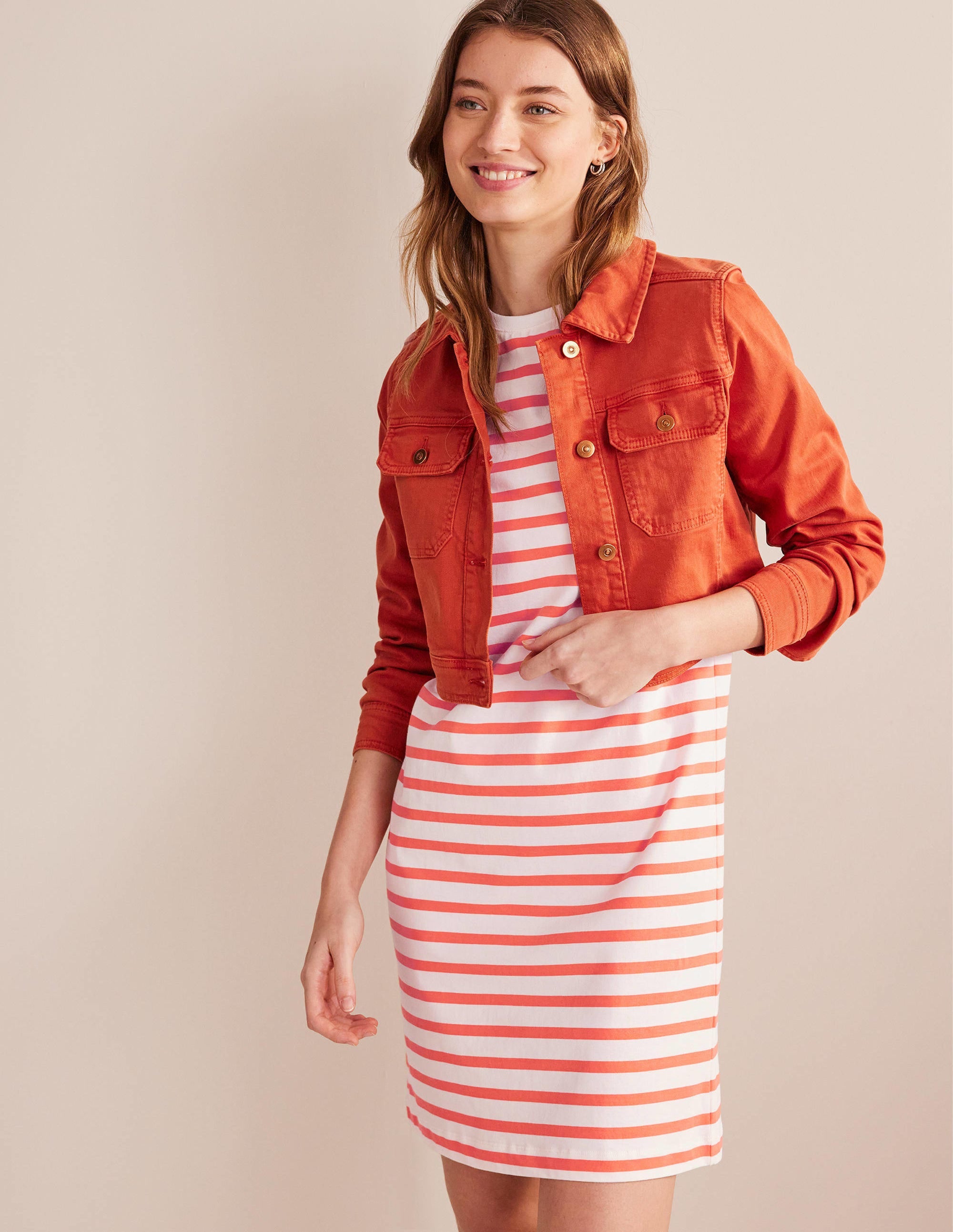 Jersey Mini T-Shirt Dress-Ivory and Persimmon Stripe - Image 4