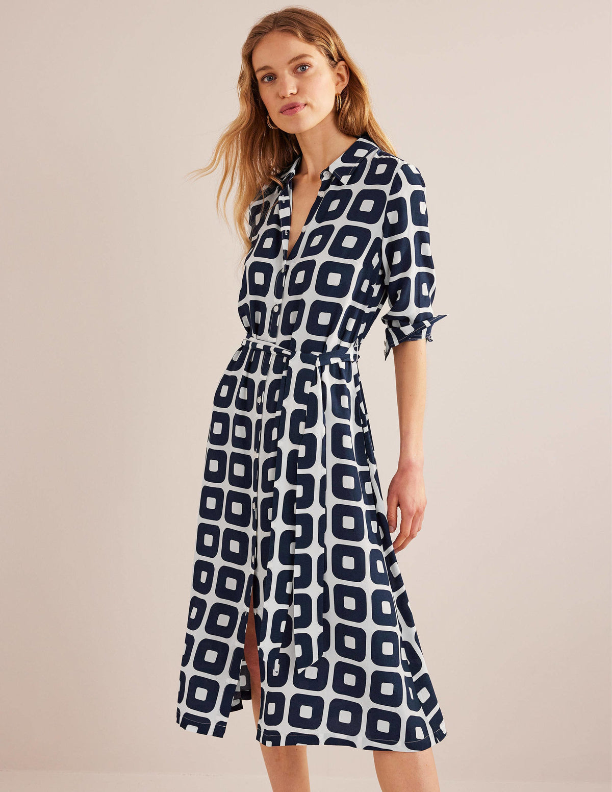 Printed Midi Shirt Dress-French Navy, Cube Small - Image 1