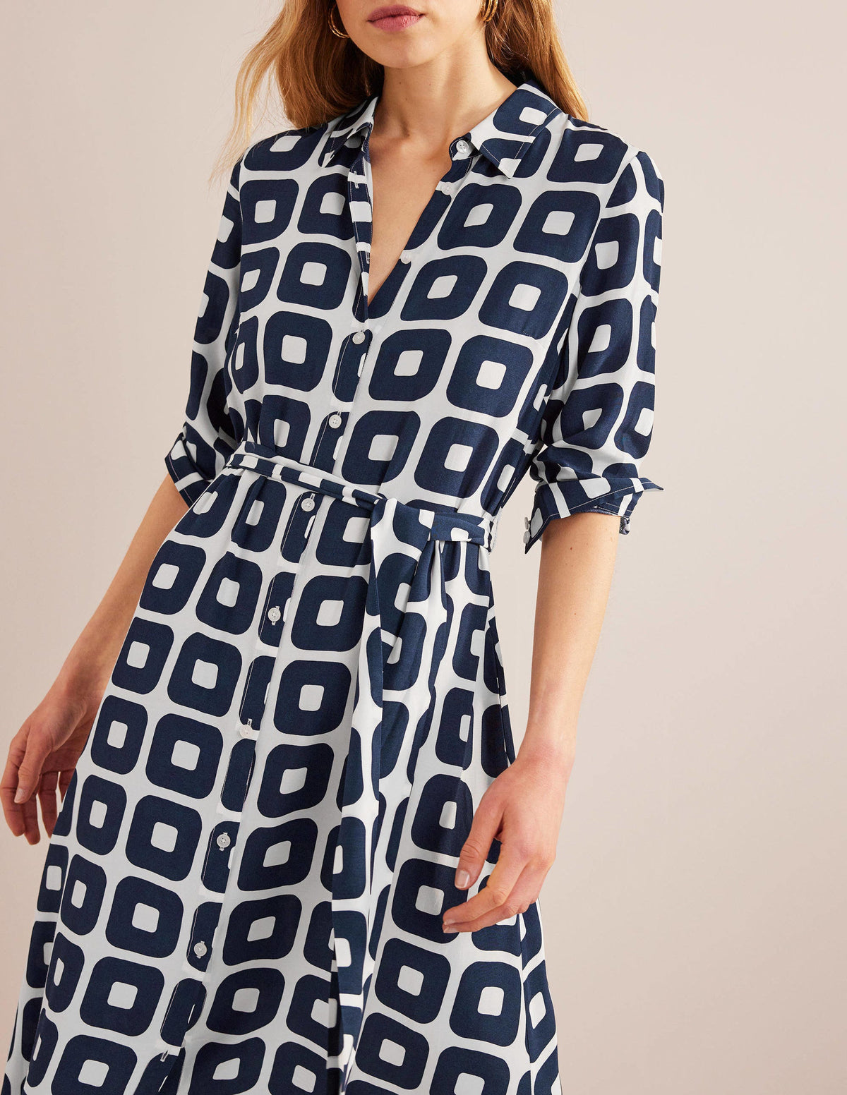 Printed Midi Shirt Dress-French Navy, Cube Small-2