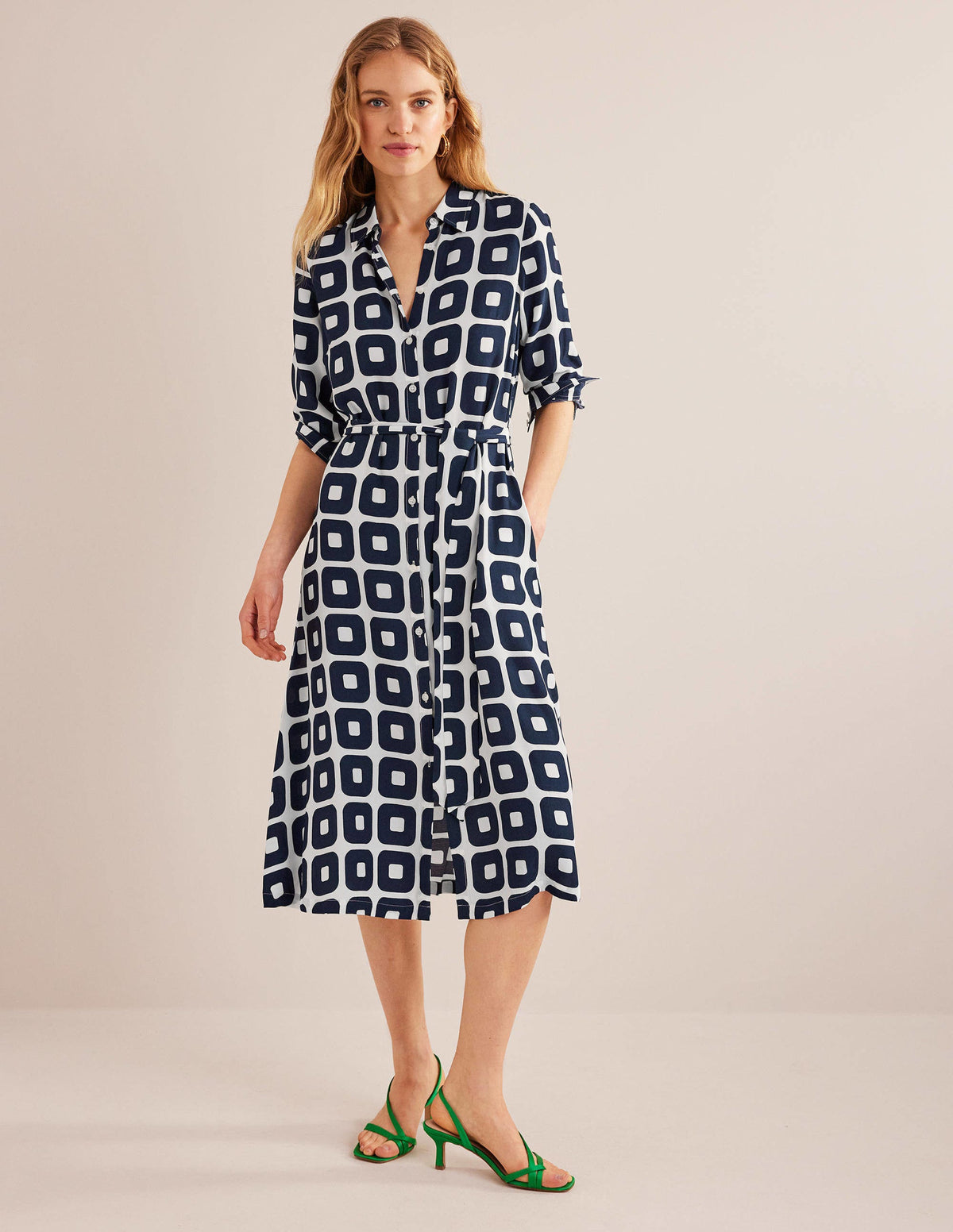 Printed Midi Shirt Dress-French Navy, Cube Small - Image 4