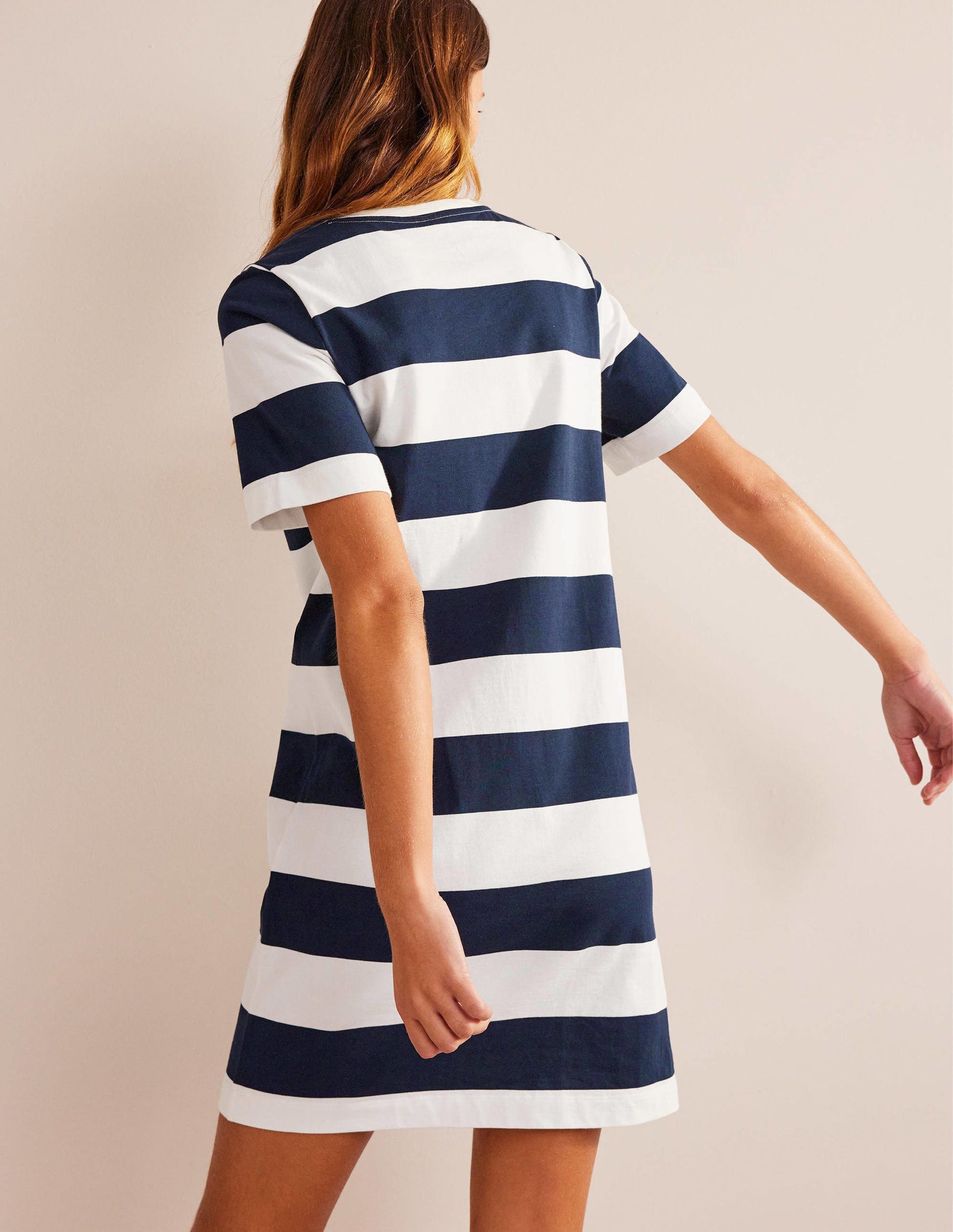 Crew Neck Mini T-shirt Dress-Ivory and Navy Stripe-3