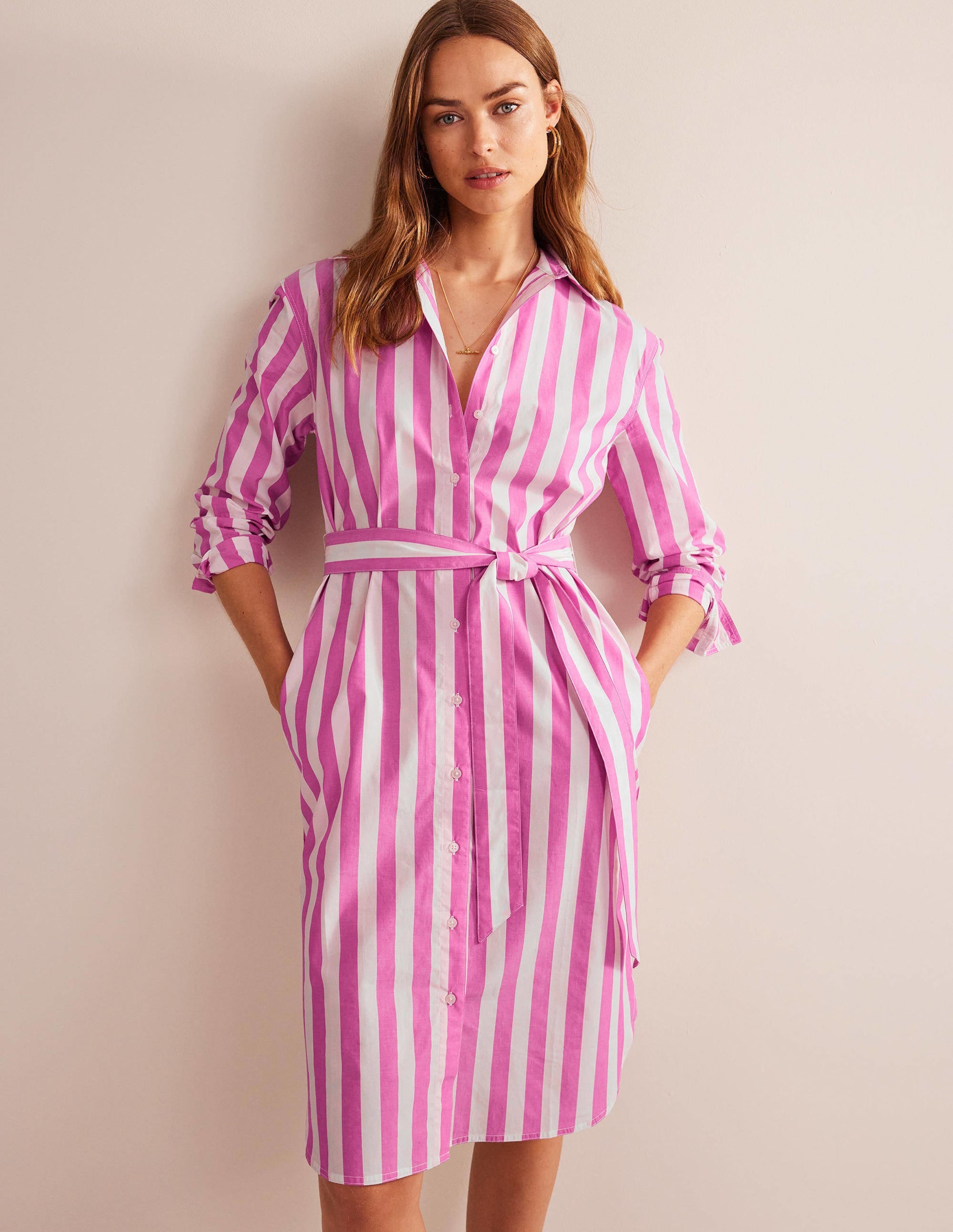 Relaxed Cotton Shirt Dress-Phlox Pink and Ivory - Image 4