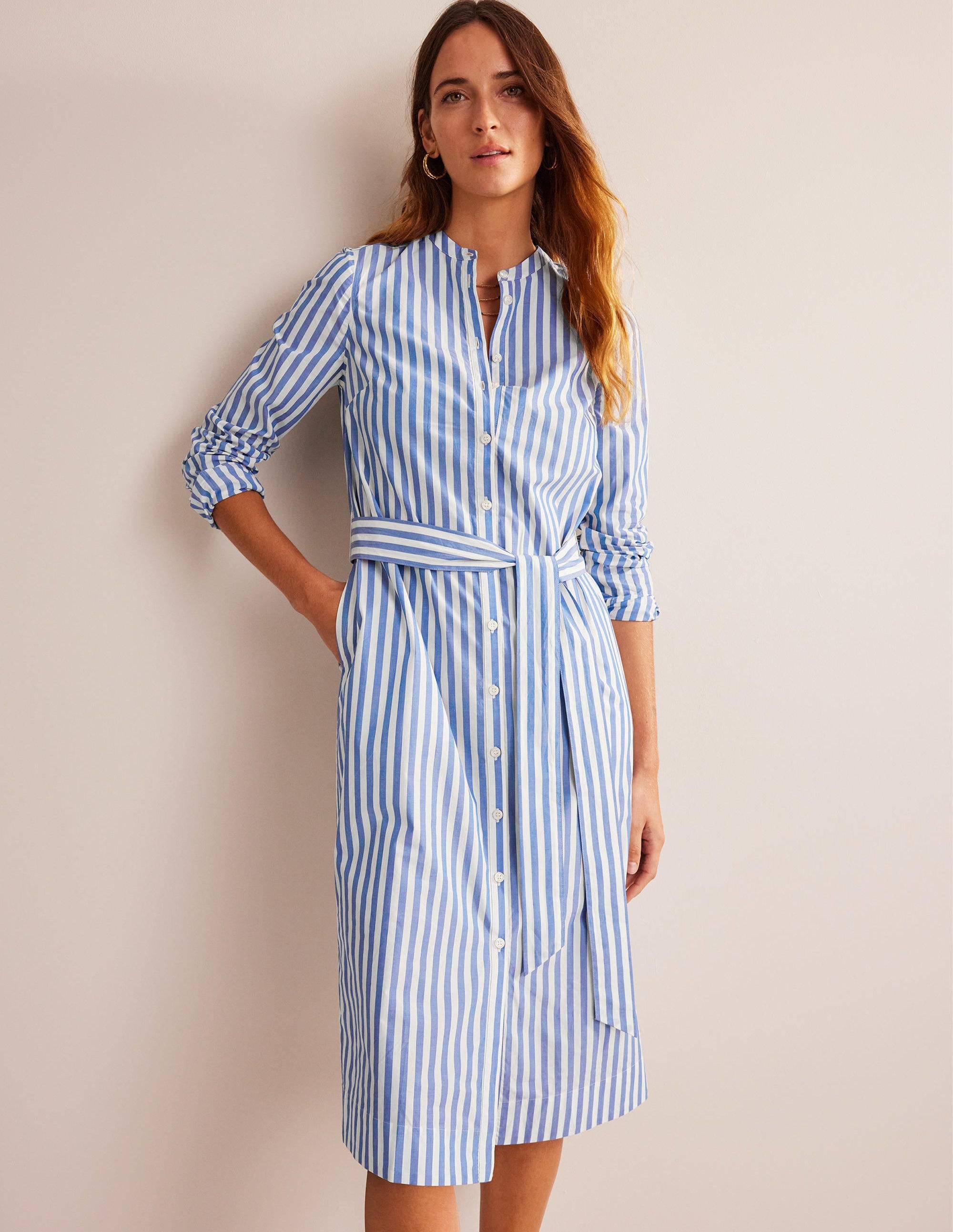 Cotton Belted Shirt Dress-Sapphire and Ivory Stripe - Image 1