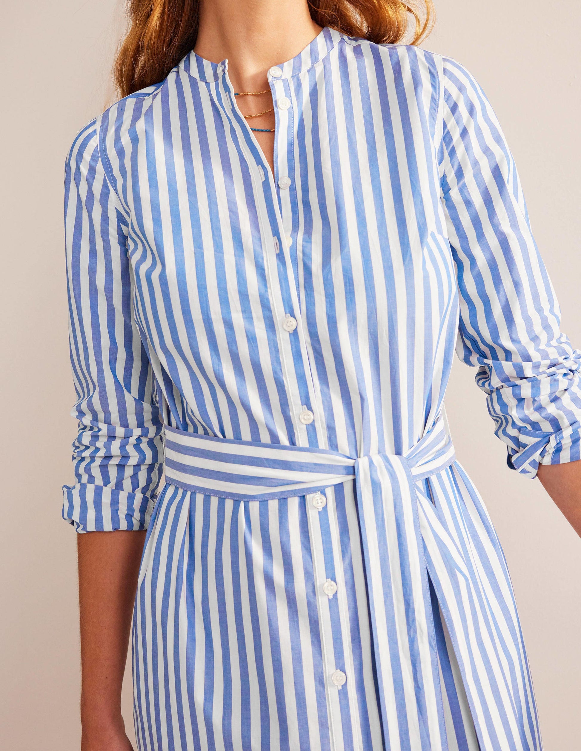 Cotton Belted Shirt Dress-Sapphire and Ivory Stripe-2