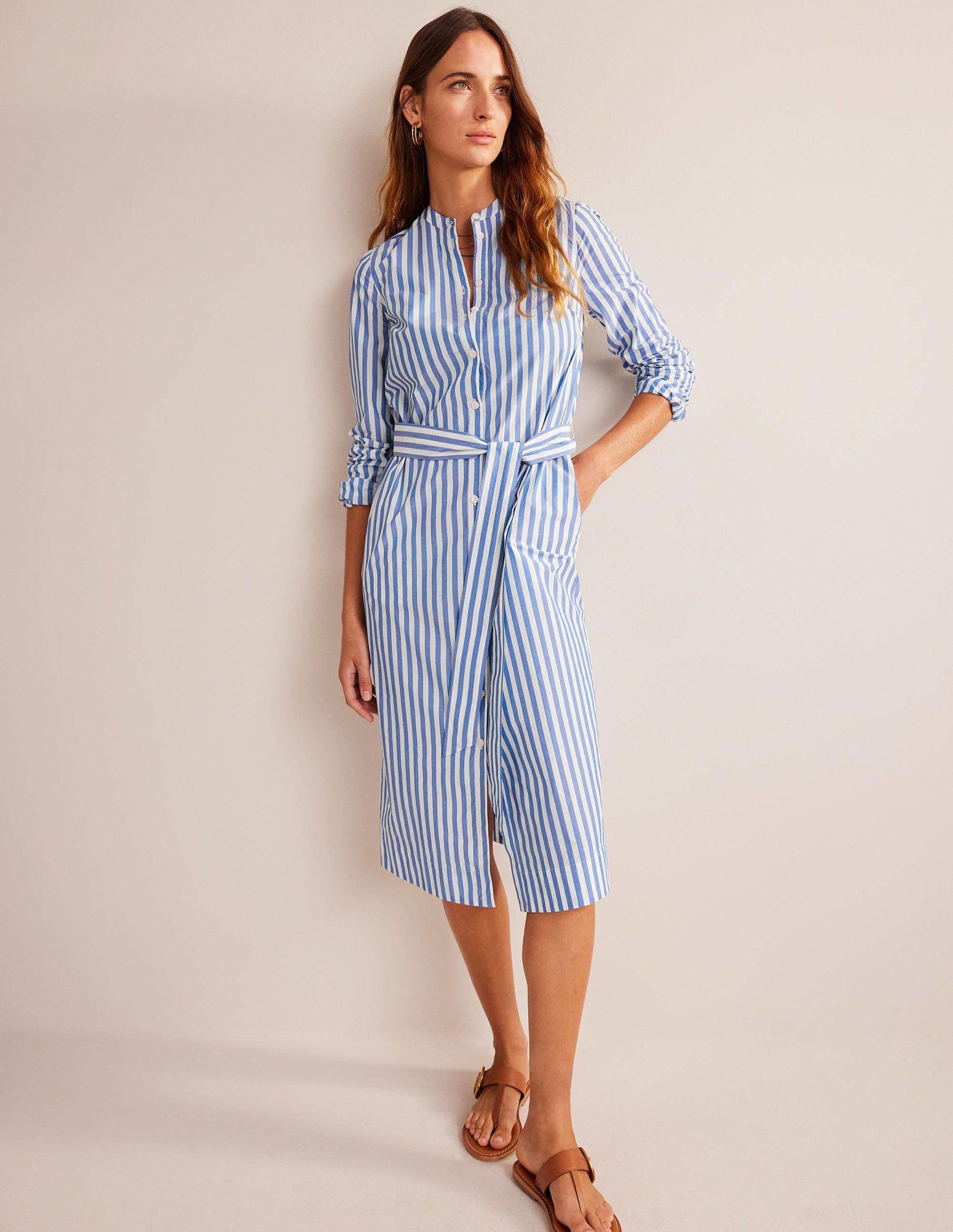 Cotton Belted Shirt Dress-Sapphire and Ivory Stripe-4