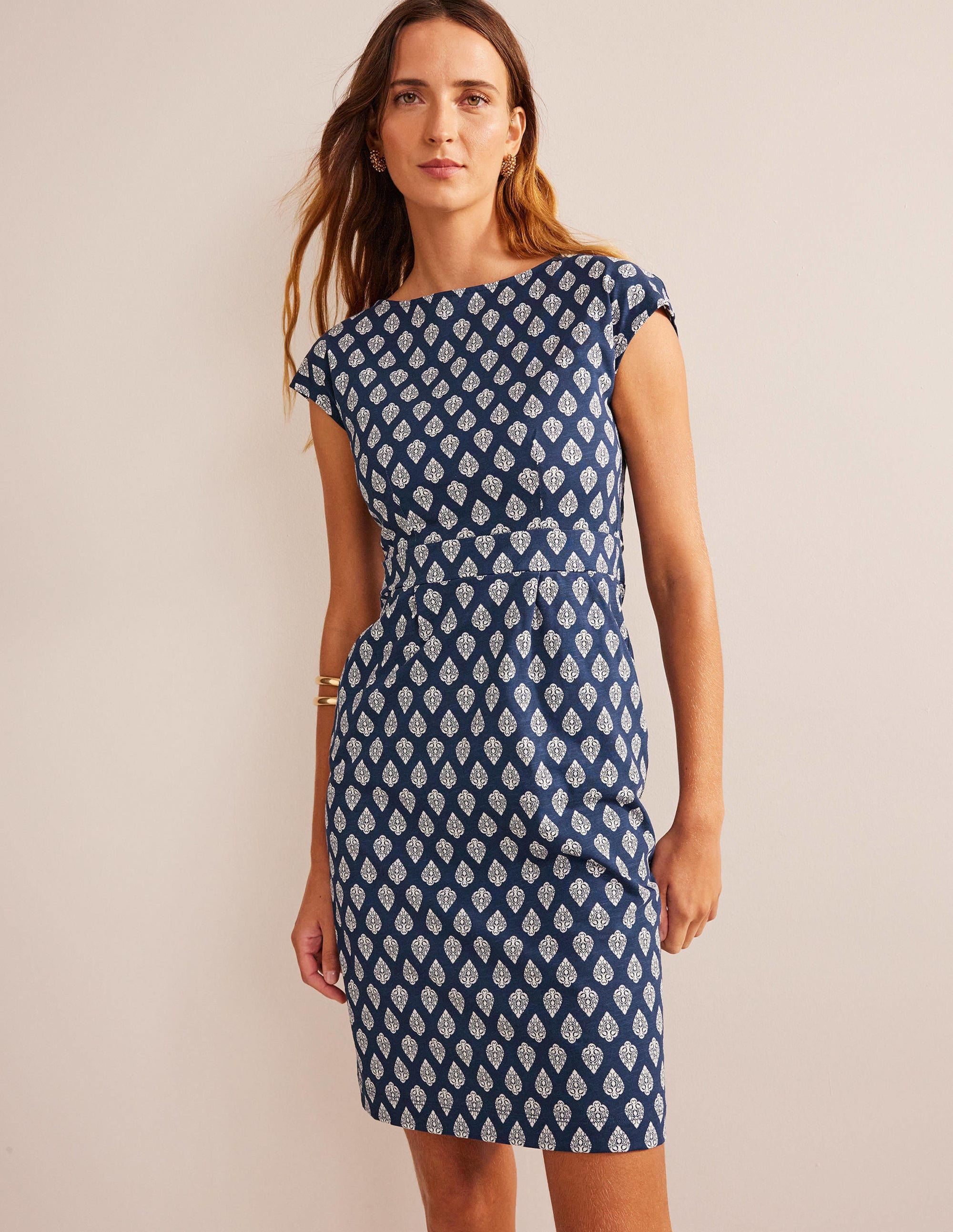 Florrie Jersey Dress-French Navy, Jasmine Bud - Image 1