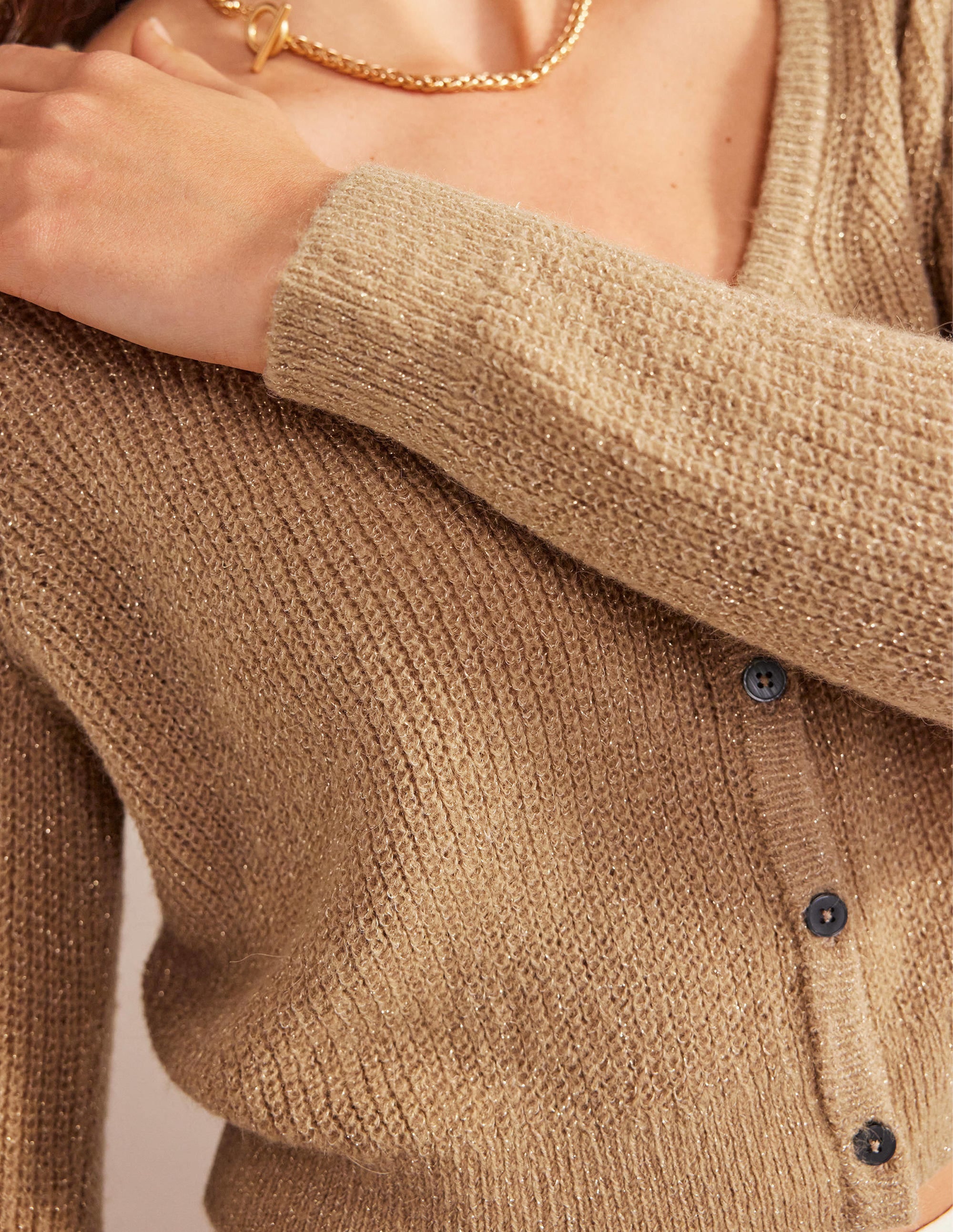 Cropped Fluffy Cardigan-Sparkle Camel Melange - Image 2