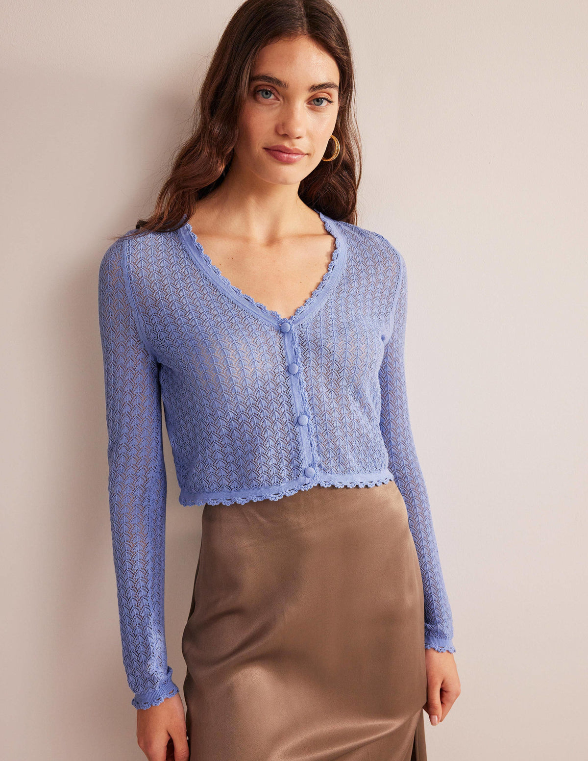 Pointelle Cropped Cardigan-Hazy Blue - Image 1