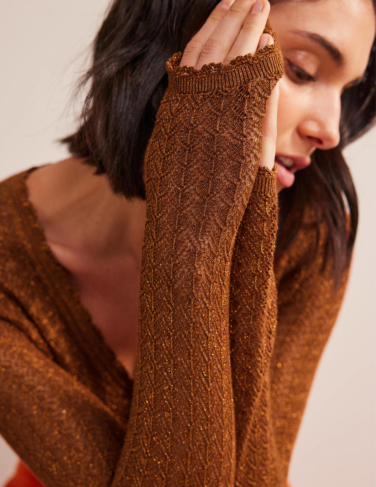 Pointelle Cropped Cardigan-Cognac Bronze Gold Sparkle-2