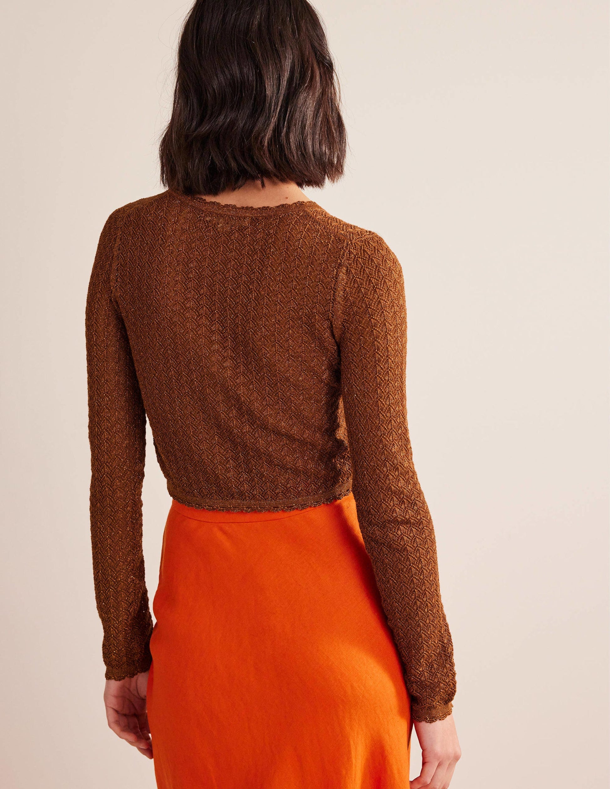Pointelle Cropped Cardigan-Cognac Bronze Gold Sparkle-3