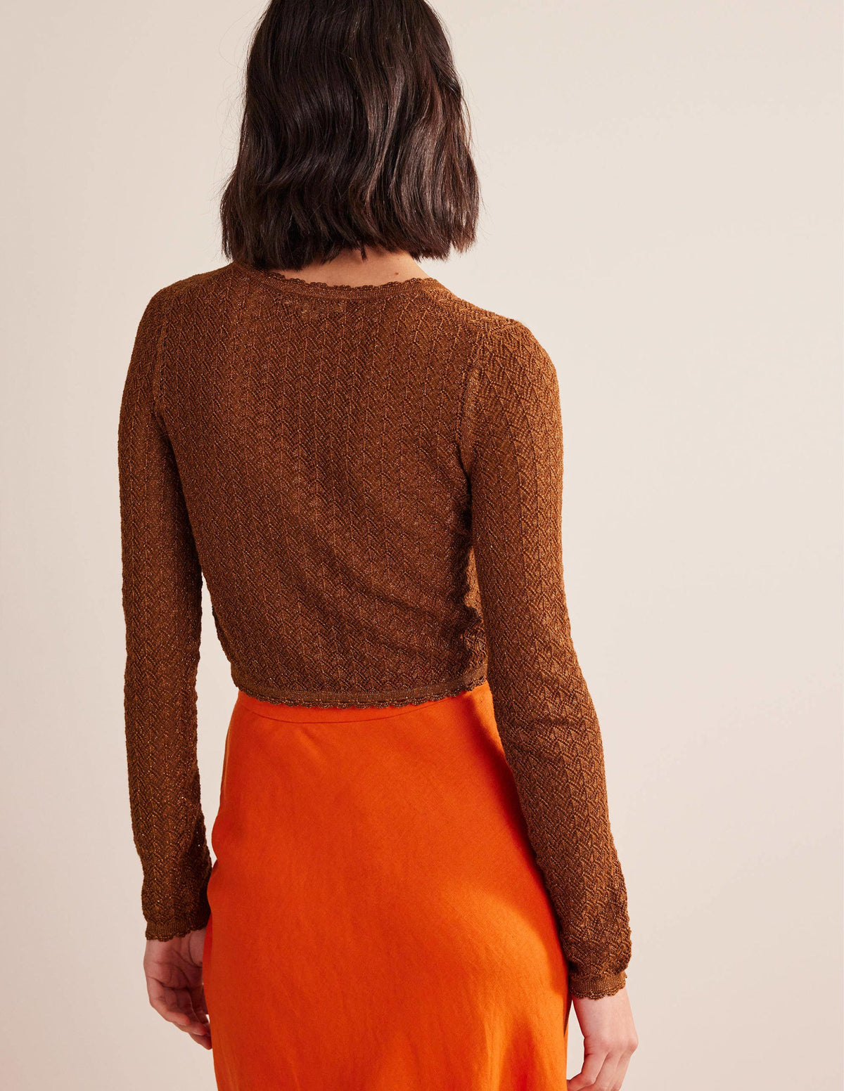 Pointelle Cropped Cardigan-Cognac Bronze Gold Sparkle - Image 3