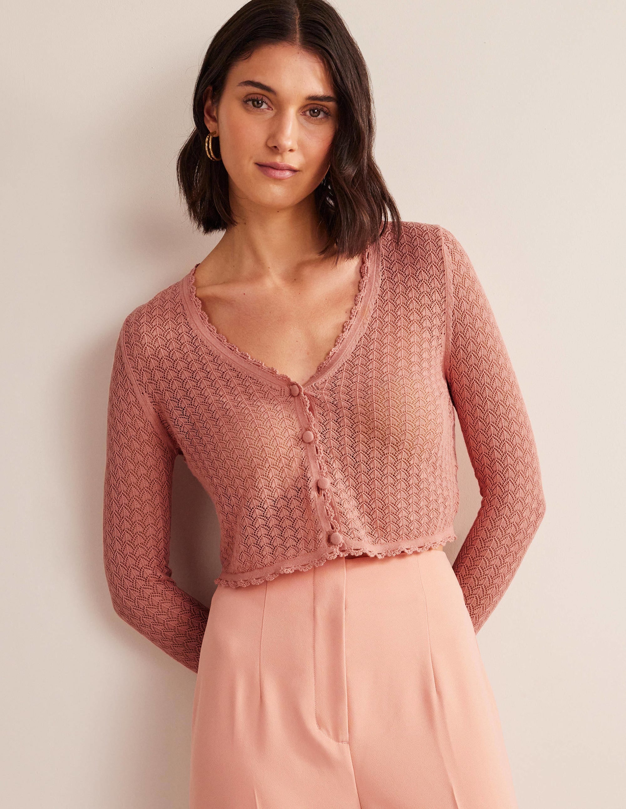 Pointelle Cropped Cardigan-Rose Pink - Image 4