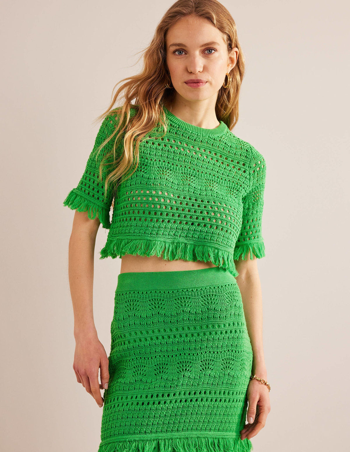 Cropped Fringe Crochet T-Shirt-Bright Green-1