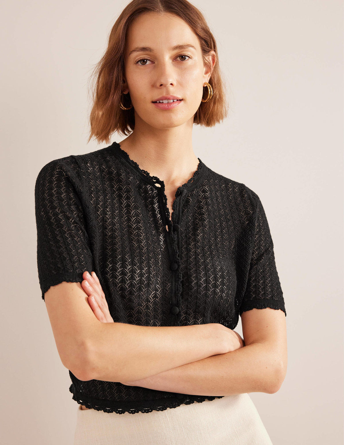 Cropped Short Sleeve Cardigan-Black - Image 1