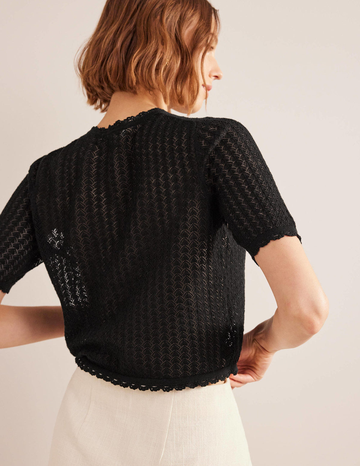 Cropped Short Sleeve Cardigan-Black - Image 3