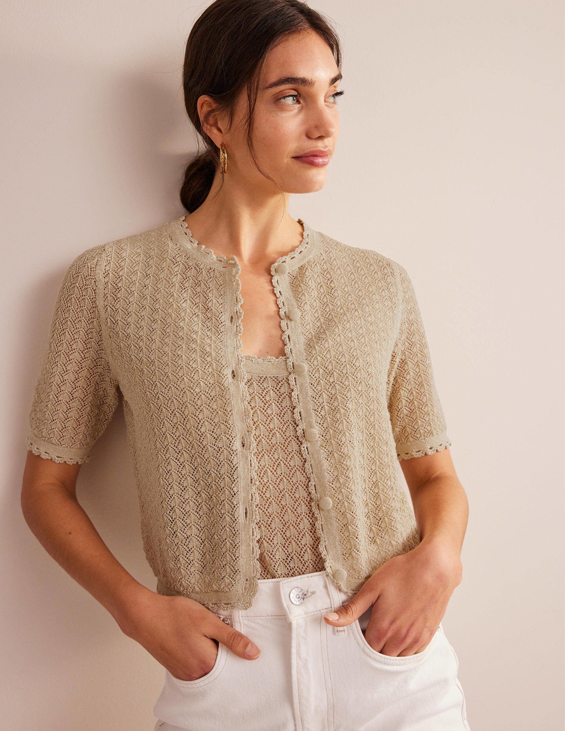 Cropped Short Sleeve Cardigan-Gold Sparkle-1