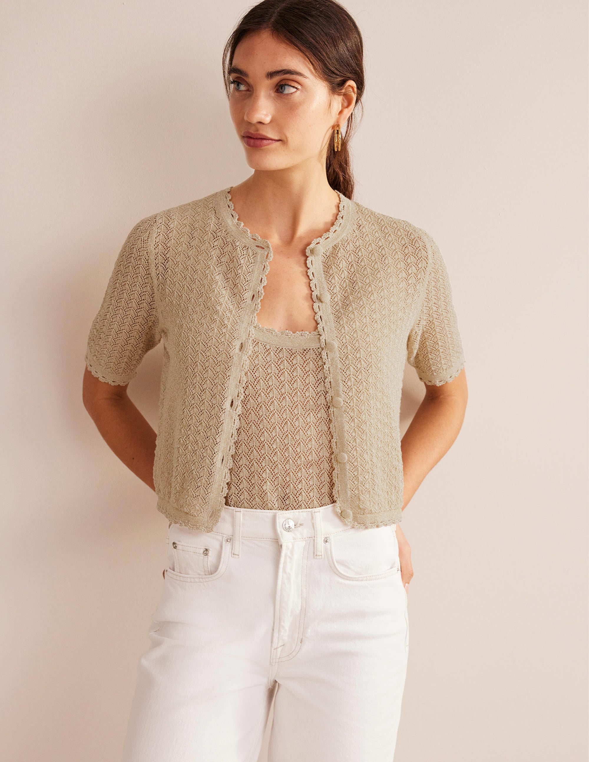 Cropped Short Sleeve Cardigan-Gold Sparkle - Image 4