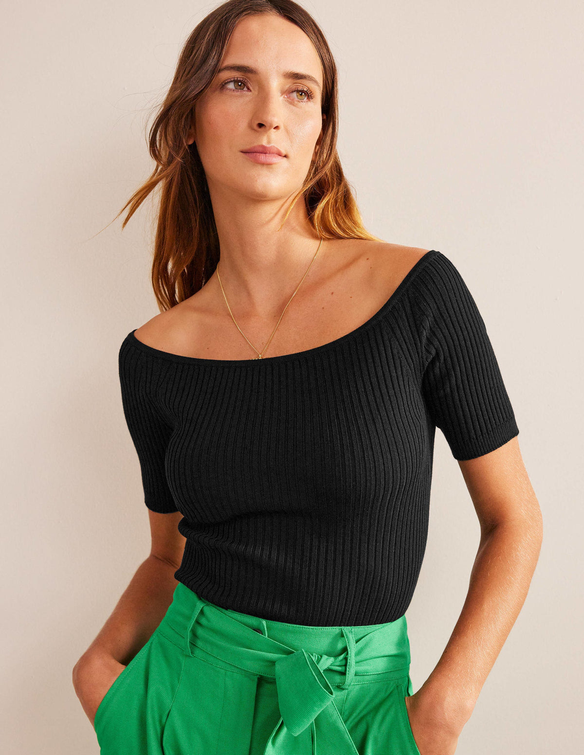 Off-Shoulder Ribbed Top-Black - Image 1