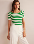 Off-Shoulder Ribbed Top-Rich Emerald, Ivory Stripe