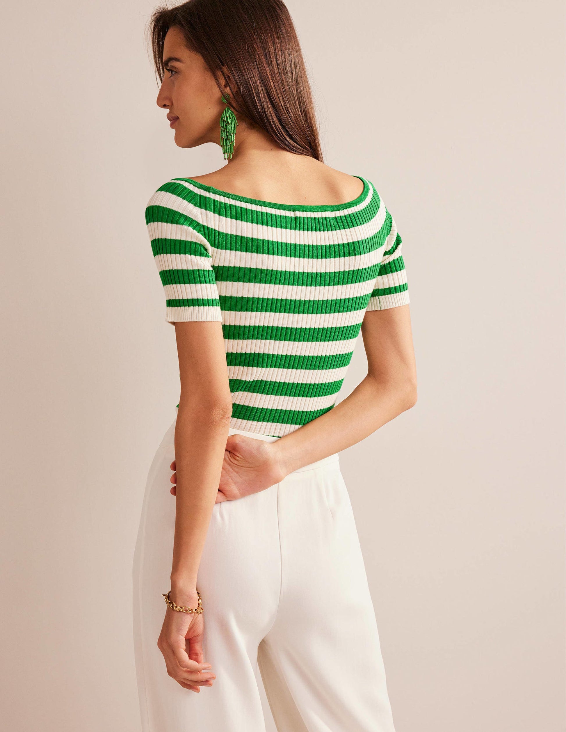 Off-Shoulder Ribbed Top-Rich Emerald, Ivory Stripe-3