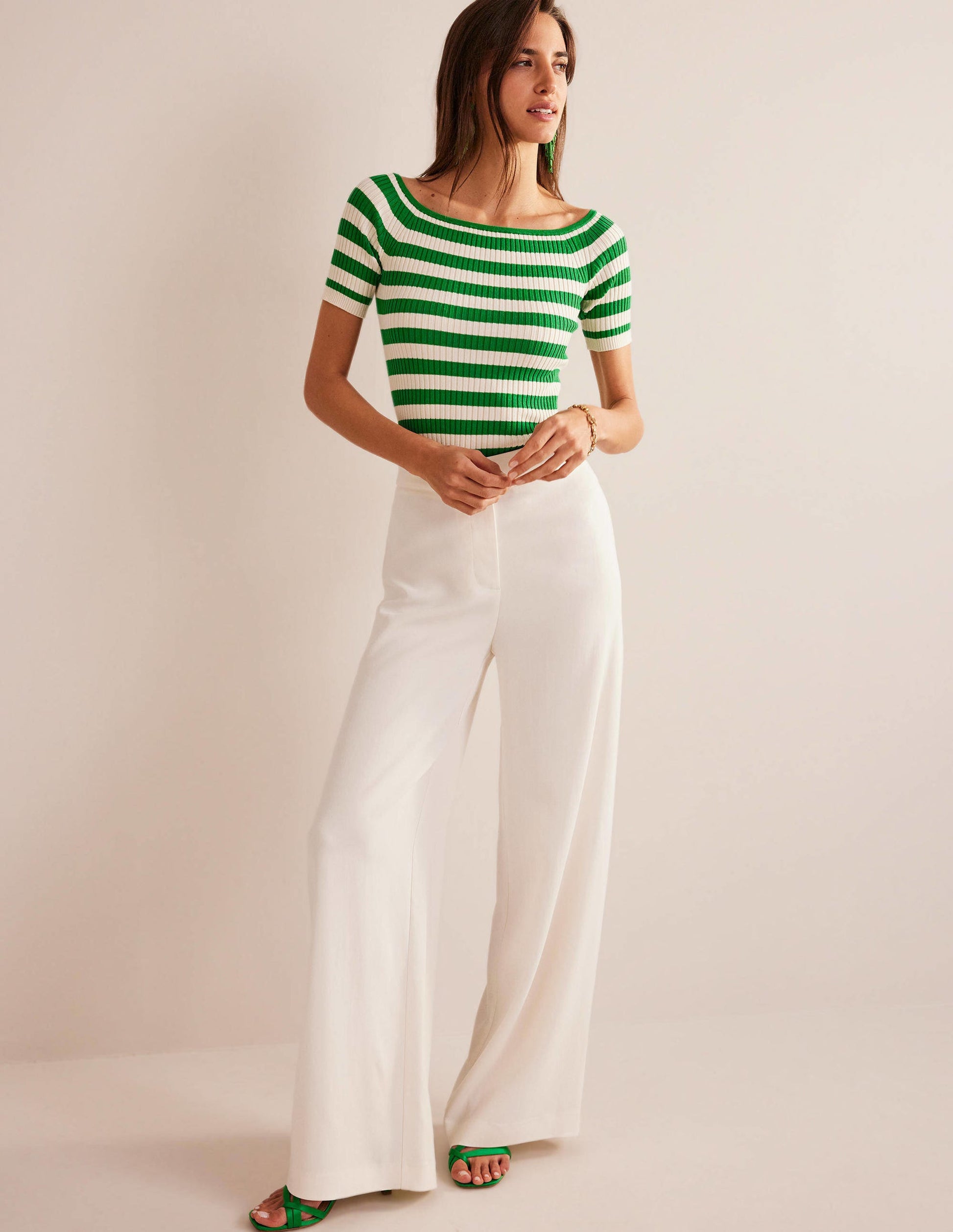 Off-Shoulder Ribbed Top-Rich Emerald, Ivory Stripe-4