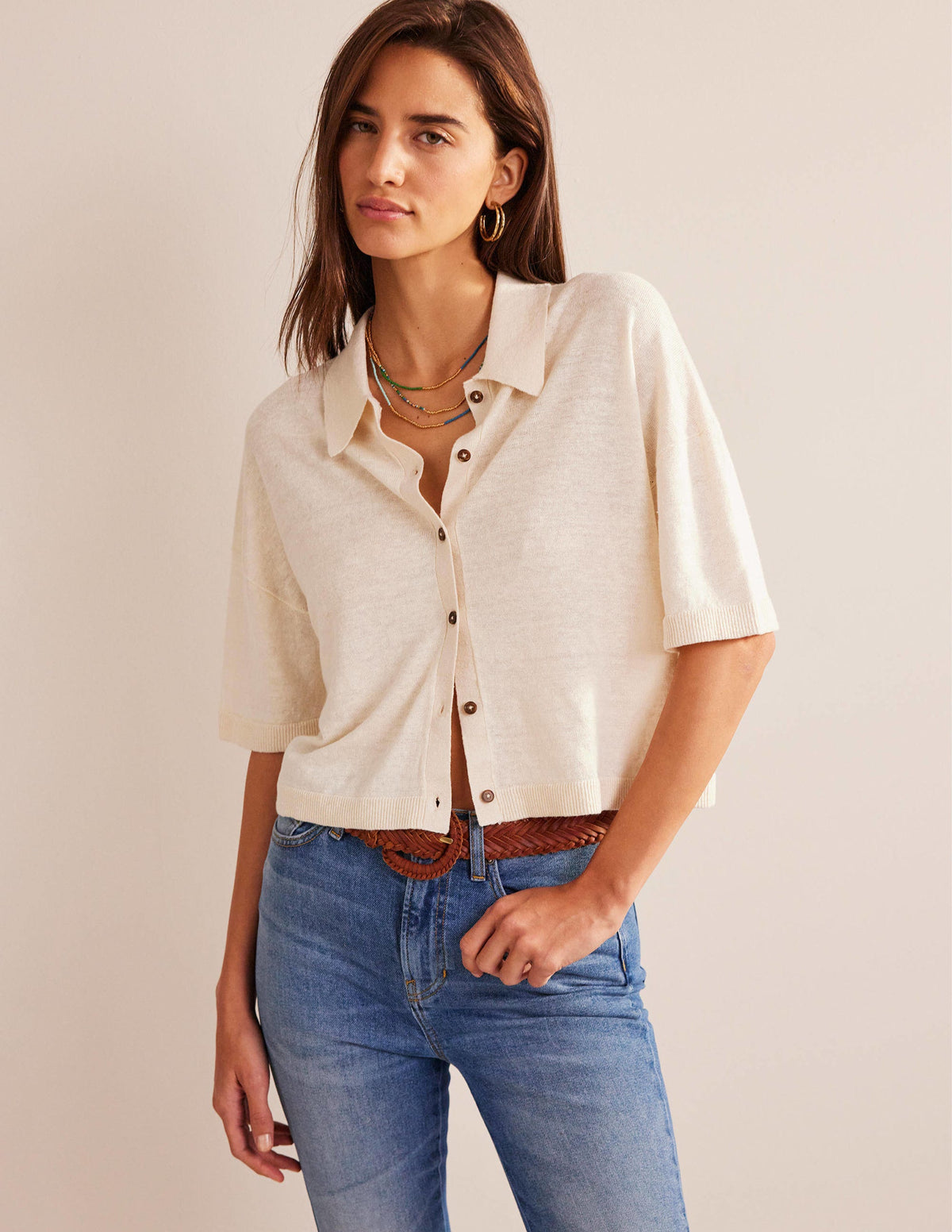 Collared Linen Knitted Shirt-Warm Ivory - Image 1